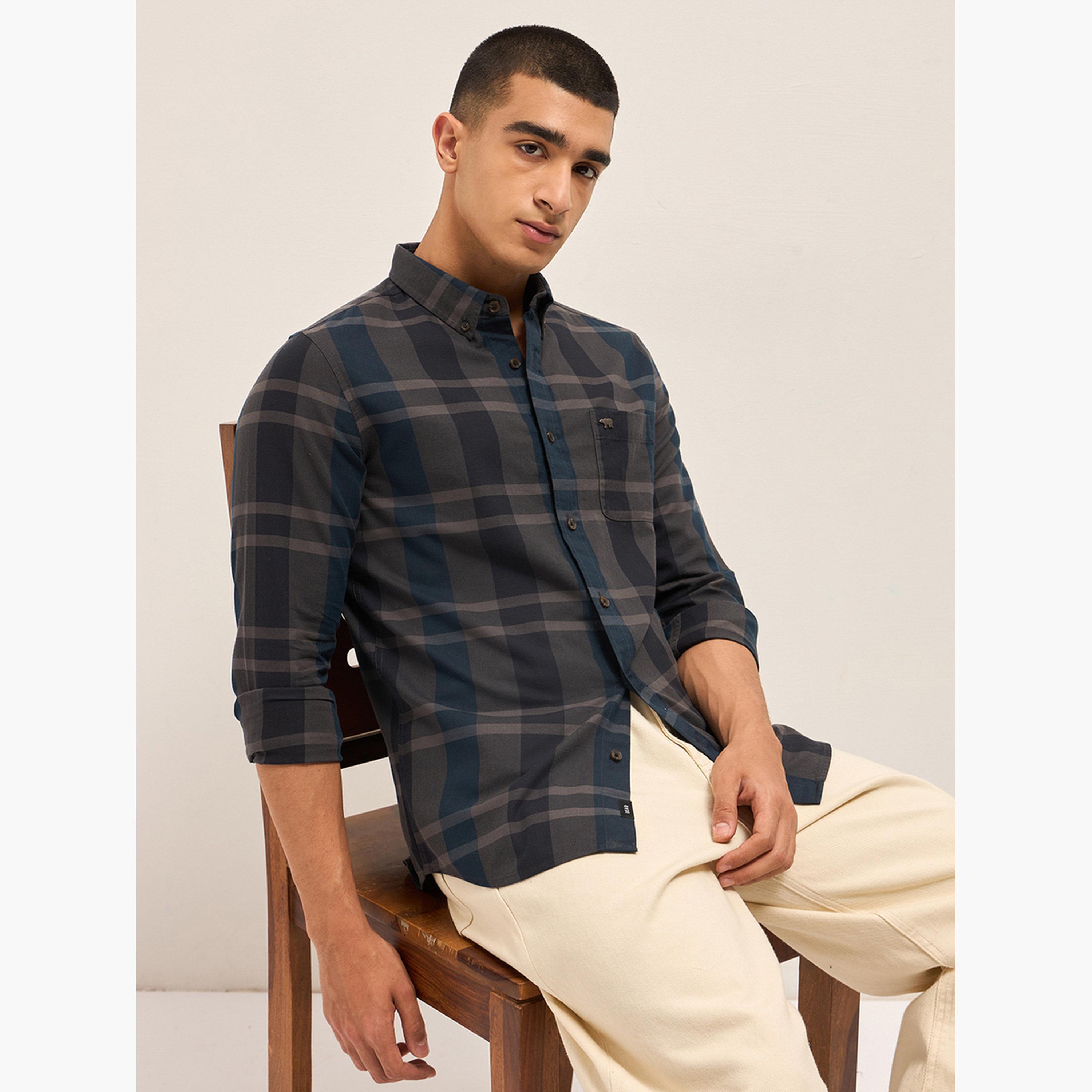 ذا بير هاوس × ستايلي - قميص رجالي كاجوال بقصة ضيقة بنقشة مربعات من القطن الخالص-men-clothing-shirts-image-5