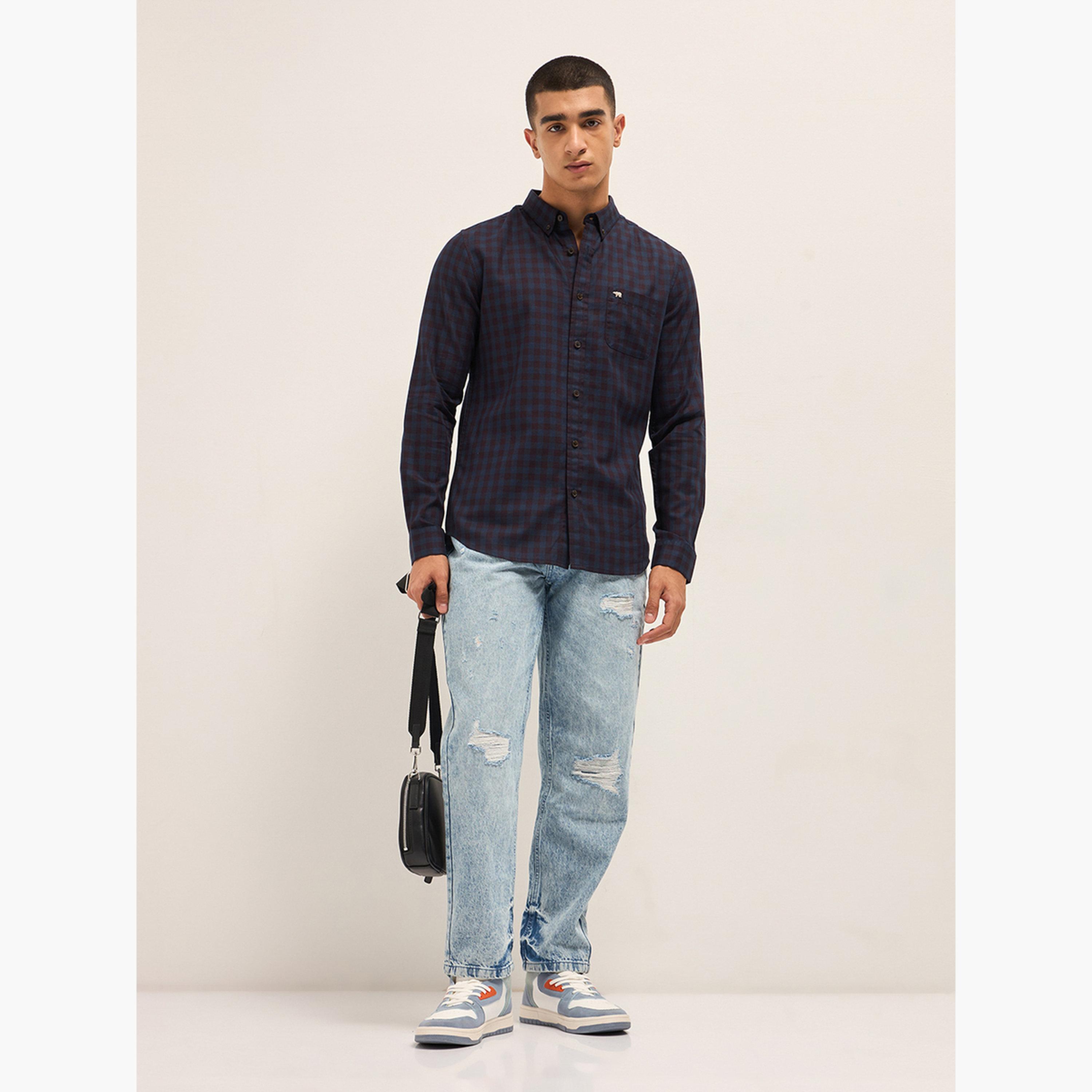 ذا بير هاوس × ستايلي - قميص رجالي كاجوال بقصة ضيقة بنقشة مربعات من القطن الخالص-men-clothing-shirts-image-2