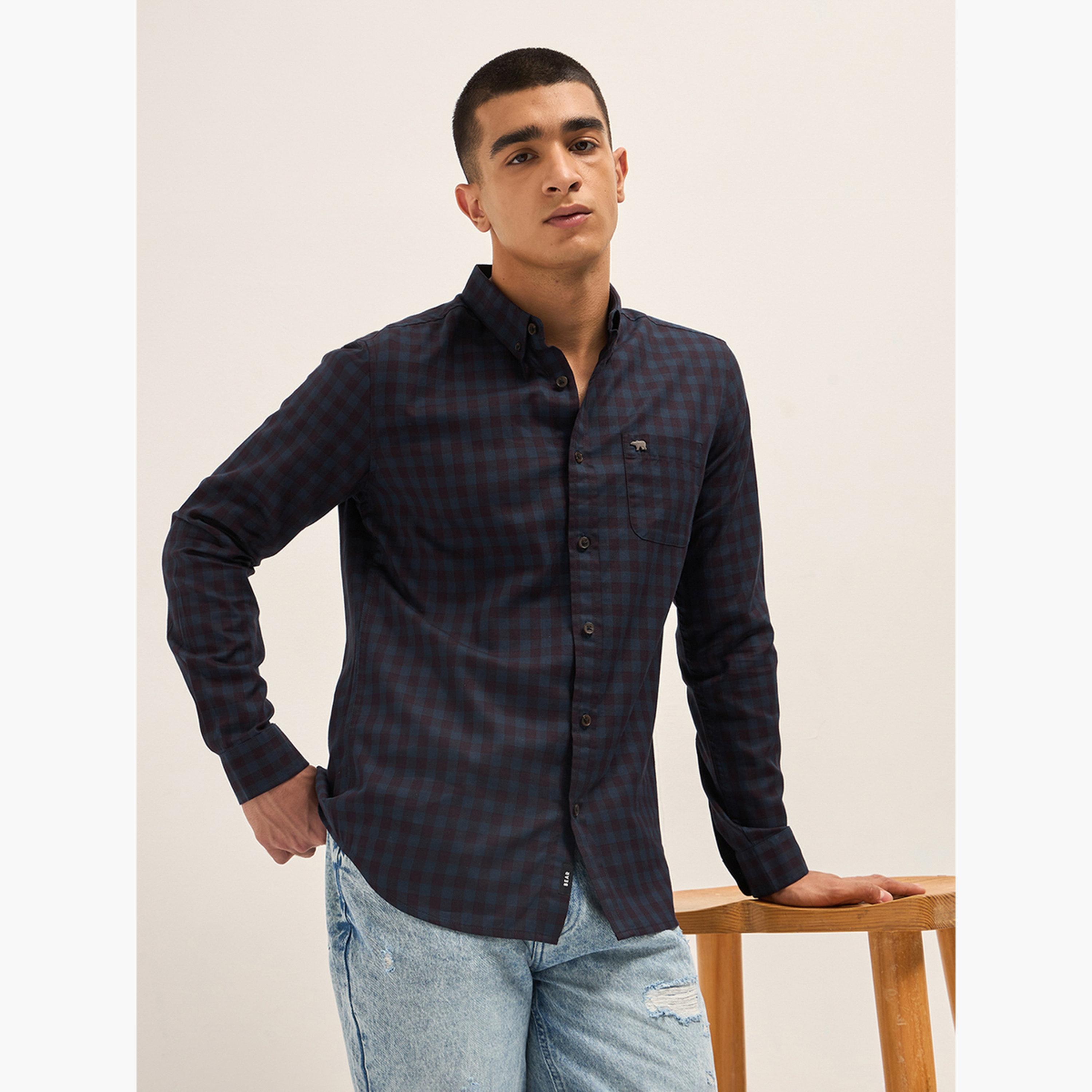 ذا بير هاوس × ستايلي - قميص رجالي كاجوال بقصة ضيقة بنقشة مربعات من القطن الخالص-men-clothing-shirts-image-4