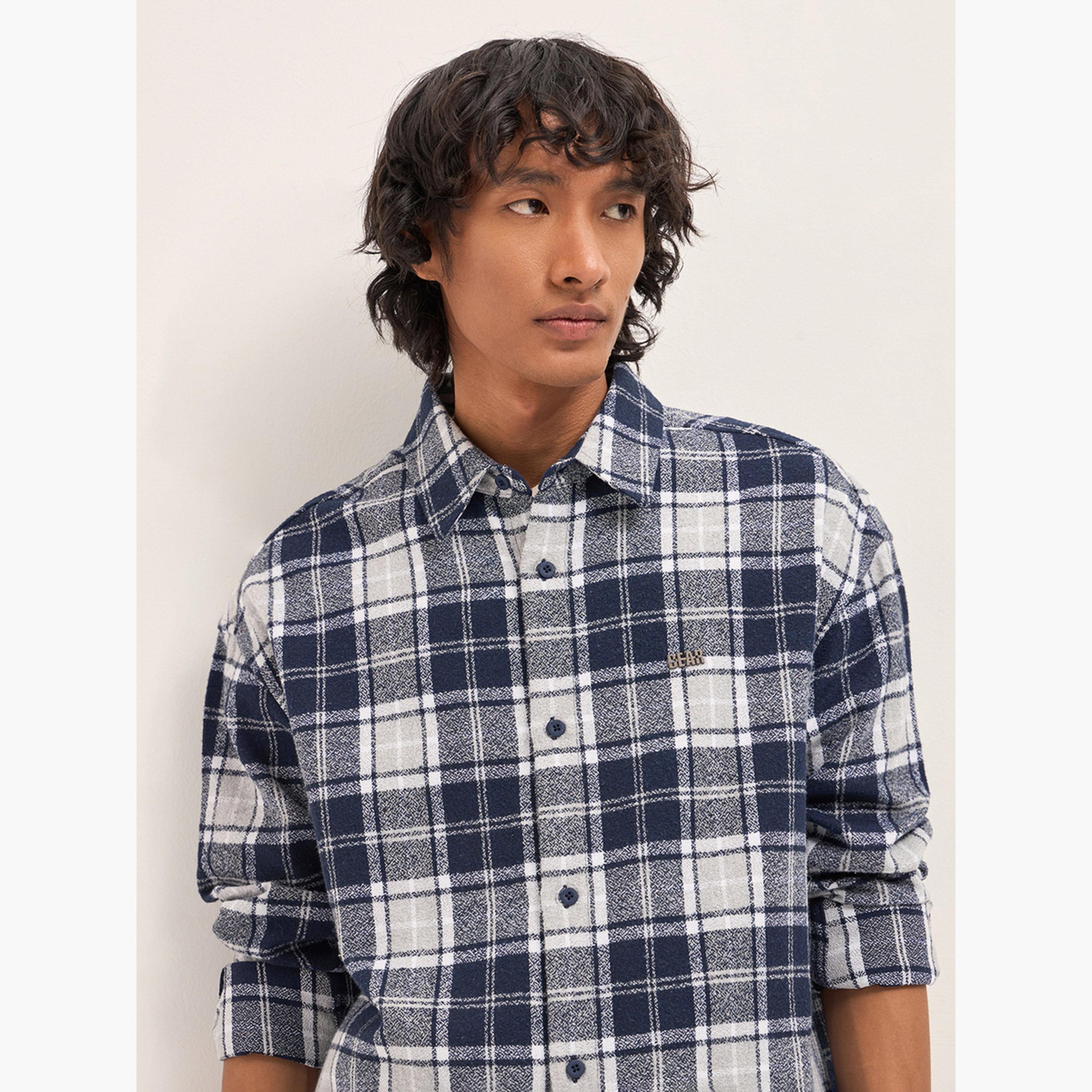 The Bear House X Styli Men's Relaxed Fit Flannel Checked Cotton Blend Overshirt-men-clothing-shirts-image-2