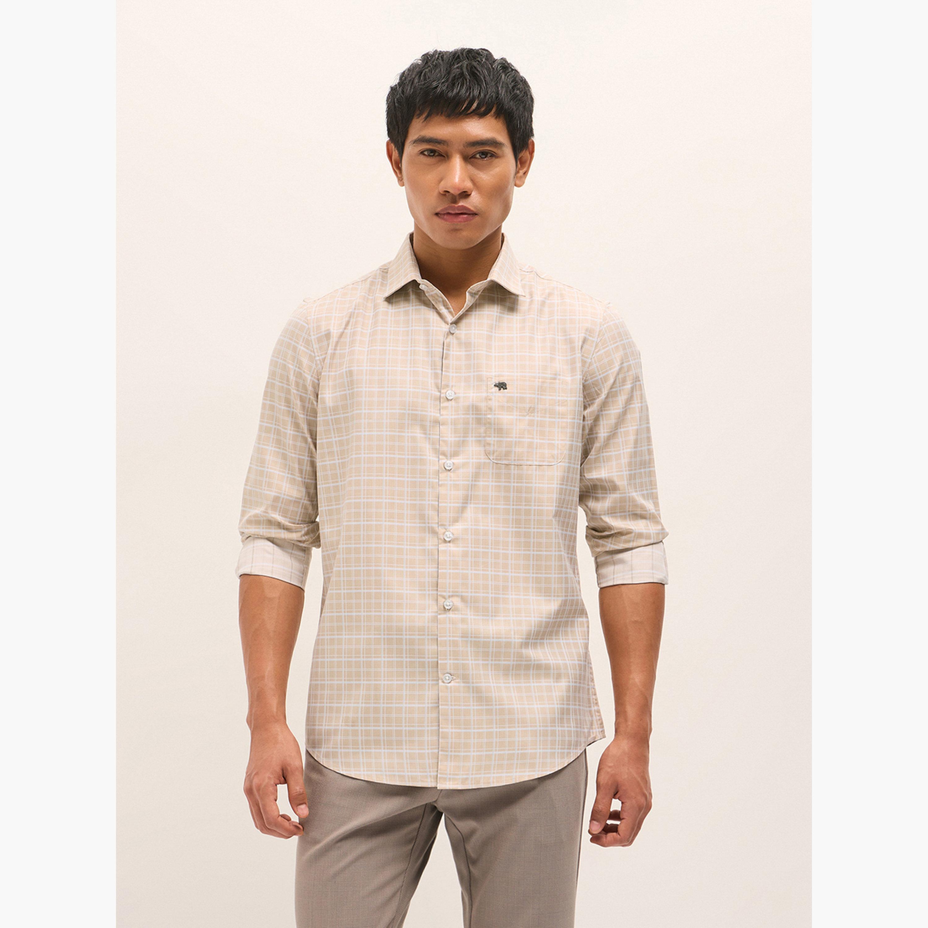 ذا بير هاوس × ستايلي - قميص رجالي رسمي من البوليستر والقطن قصة محددة بنقشة مربعات-men-clothing-shirts-image-1