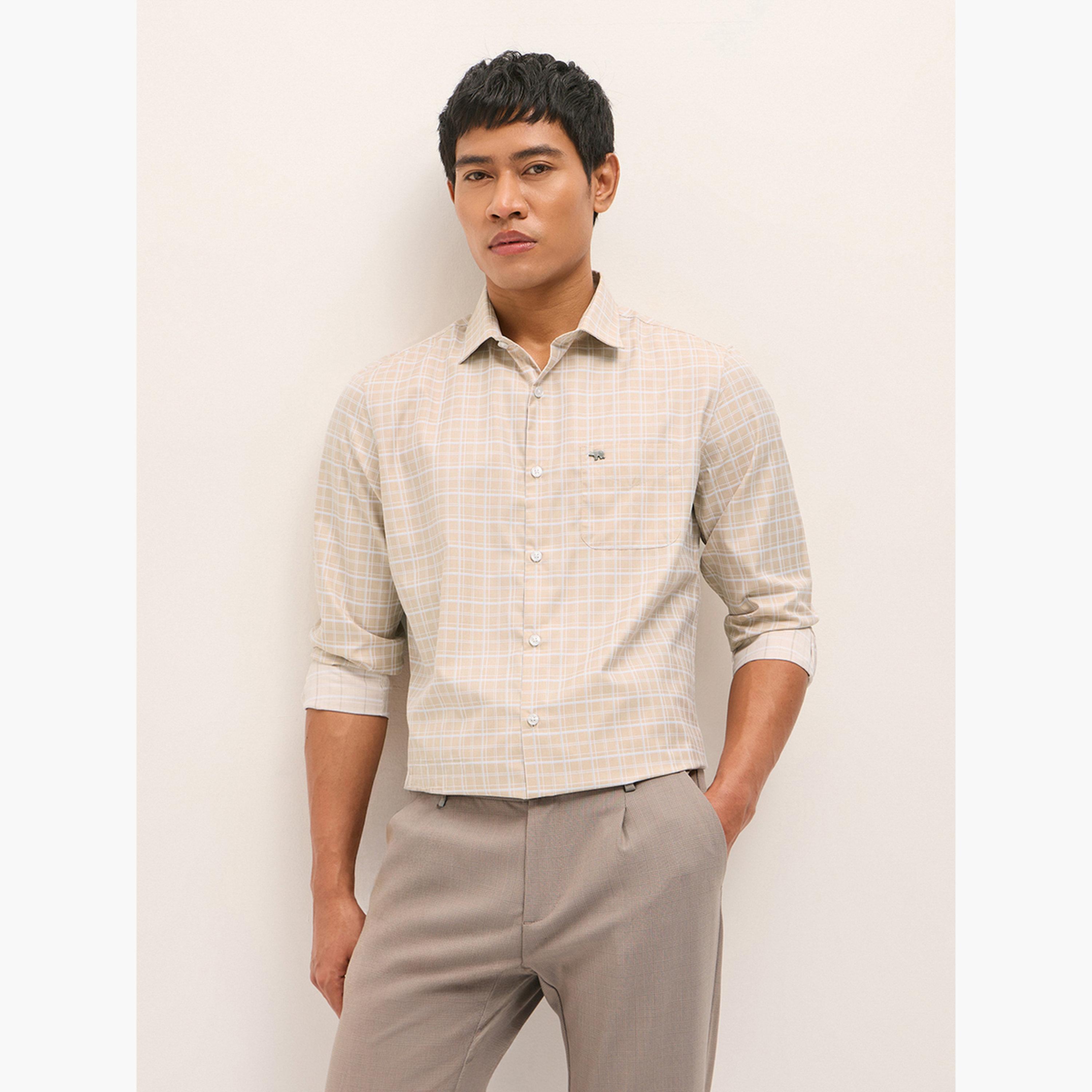 ذا بير هاوس × ستايلي - قميص رجالي رسمي من البوليستر والقطن قصة محددة بنقشة مربعات-men-clothing-shirts-image-5