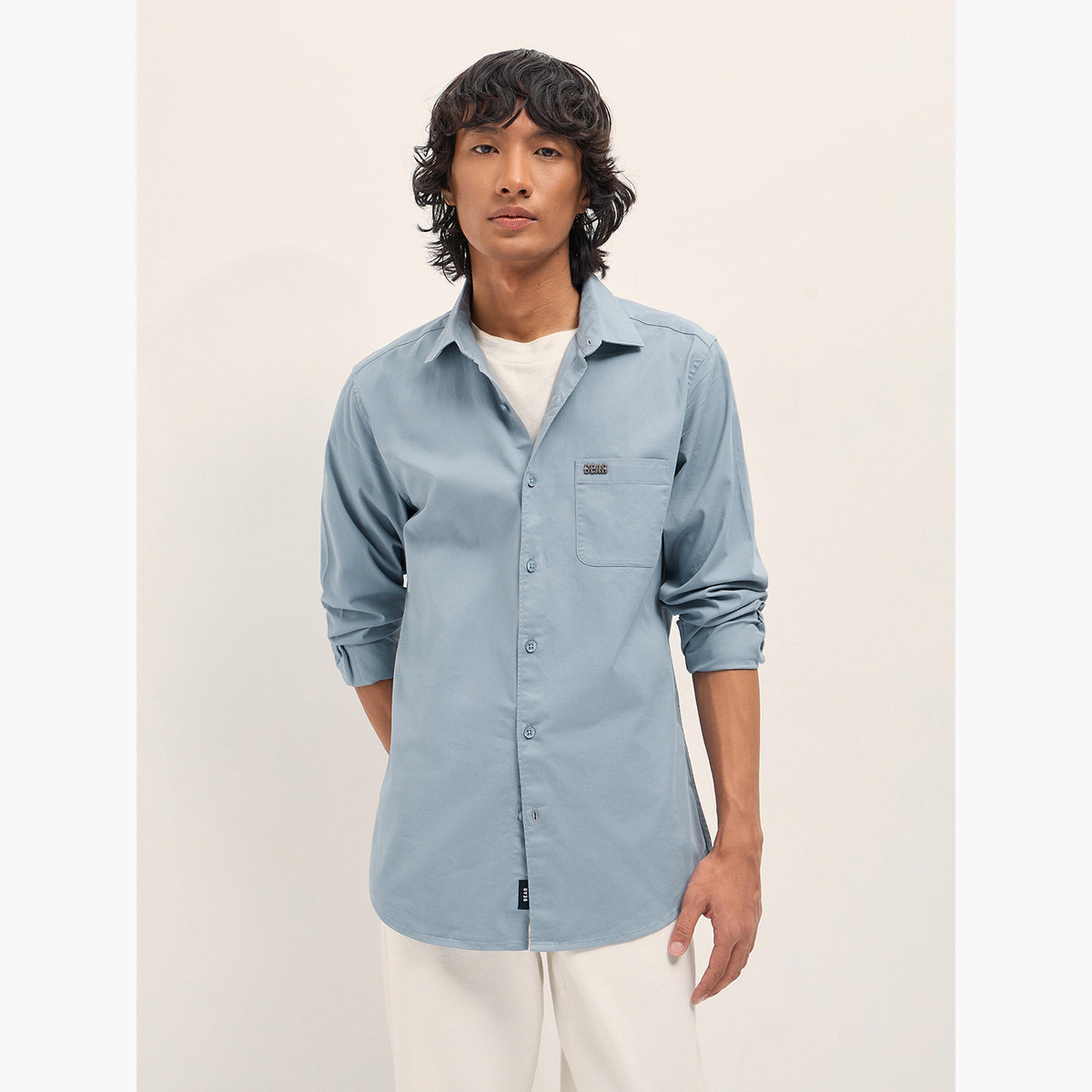 ذا بير هاوس × ستايلي - قميص رجالي كاجوال بقصة ضيقة مصنوع من مزيج القطن السادة-men-clothing-shirts-image-1