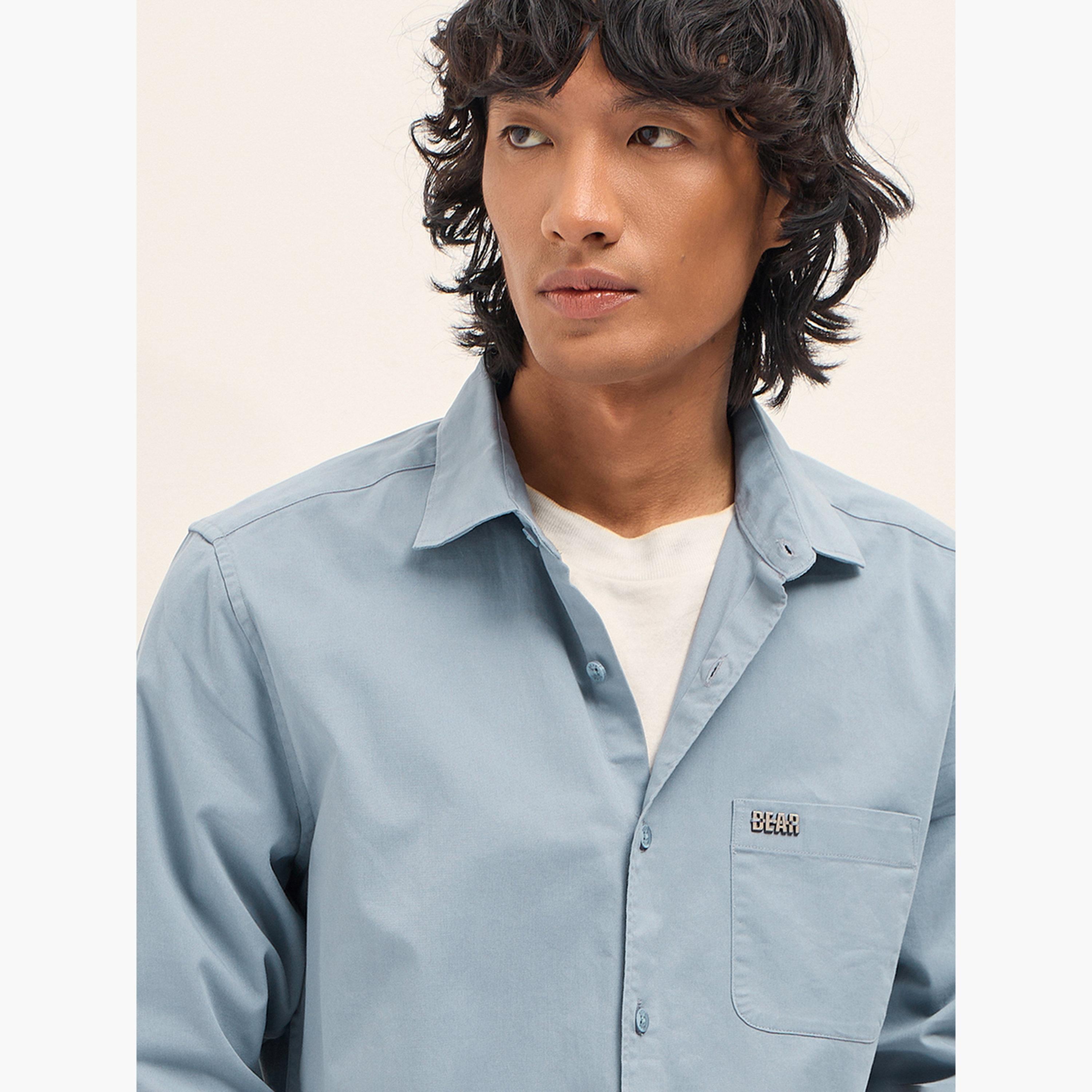ذا بير هاوس × ستايلي - قميص رجالي كاجوال بقصة ضيقة مصنوع من مزيج القطن السادة-men-clothing-shirts-image-2
