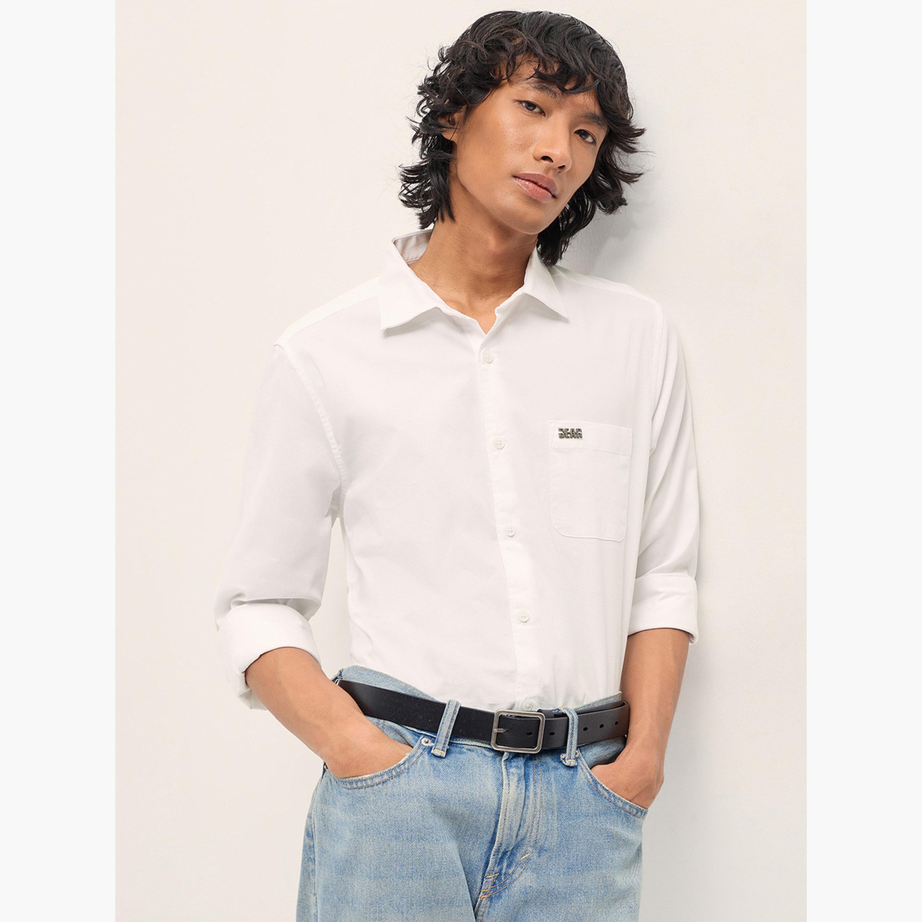 ذا بير هاوس × ستايلي - قميص رجالي كاجوال بقصة ضيقة مصنوع من مزيج القطن السادة-men-clothing-shirts-image-3