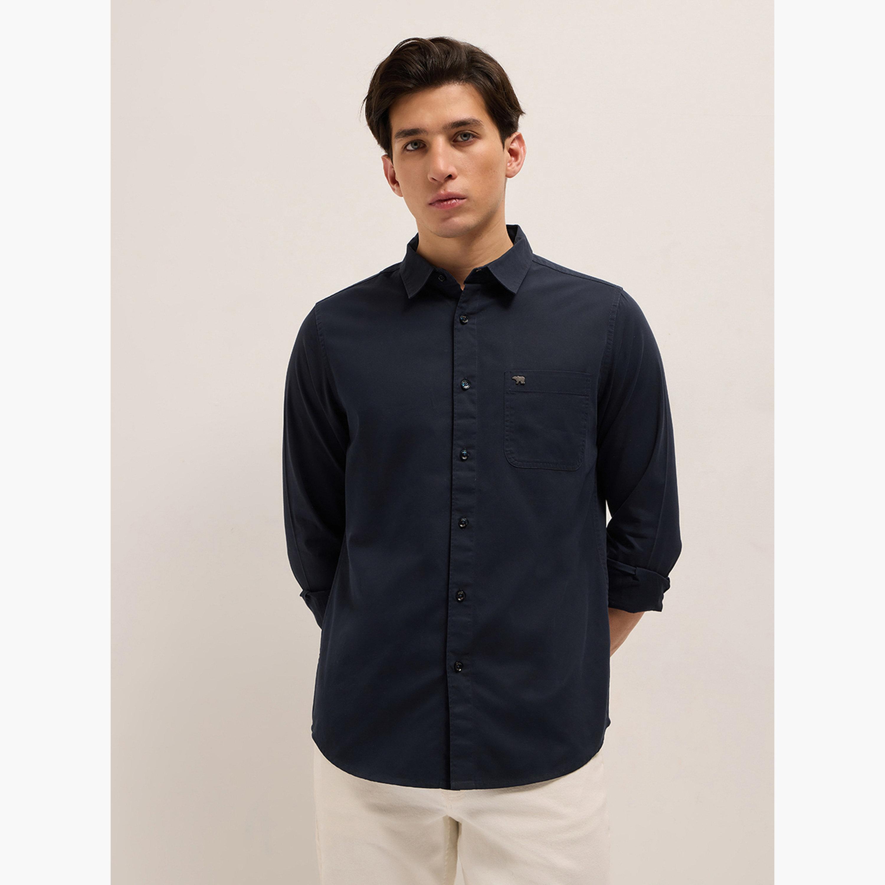 The Bear House X Styli navy blue cotton solid slim fit casual shirt-men-clothing-shirts-image-1