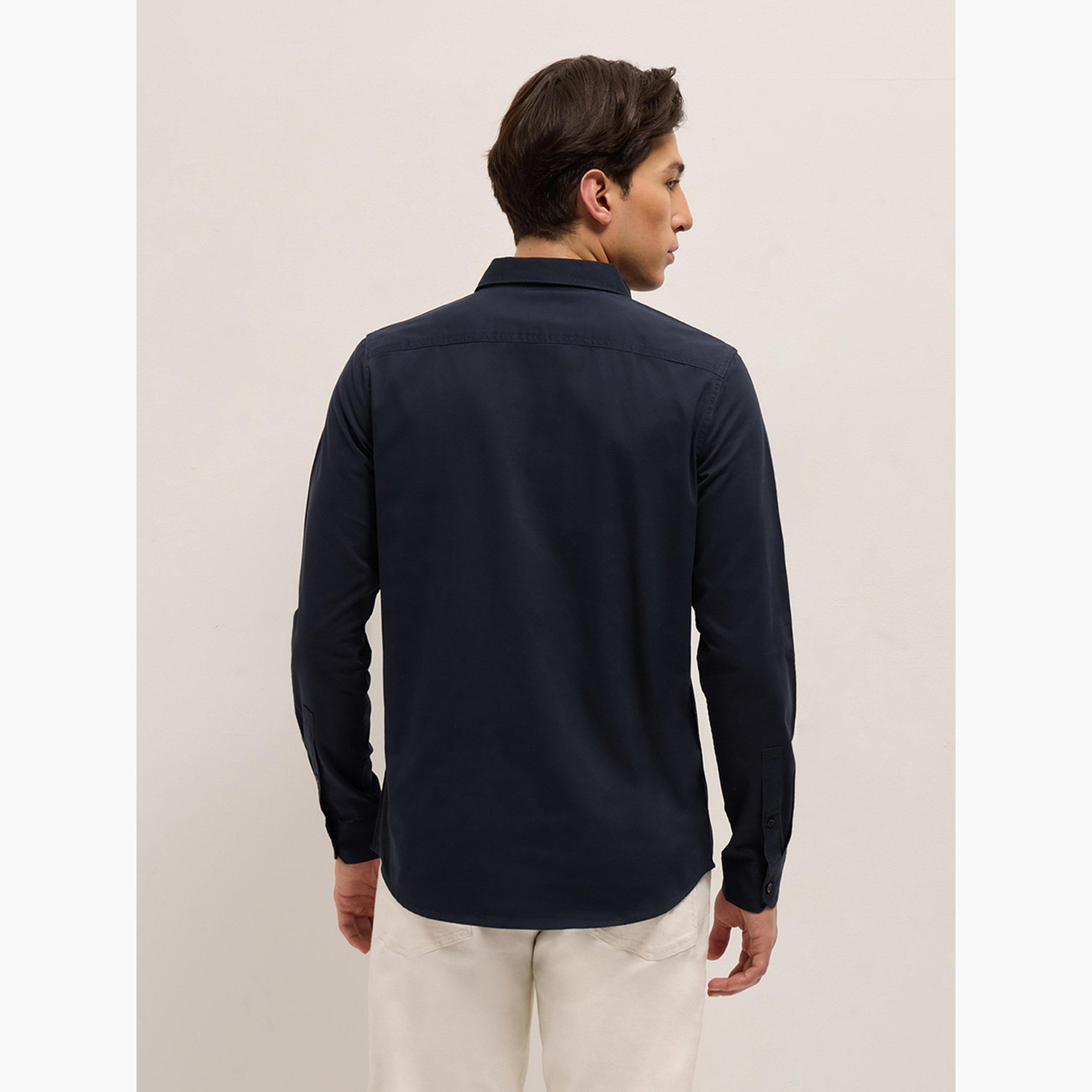 ذا بير هاوس × ستايلي - قميص كاجوال أزرق داكن من القطن سادة بقصة ضيقة-men-clothing-shirts-image-5