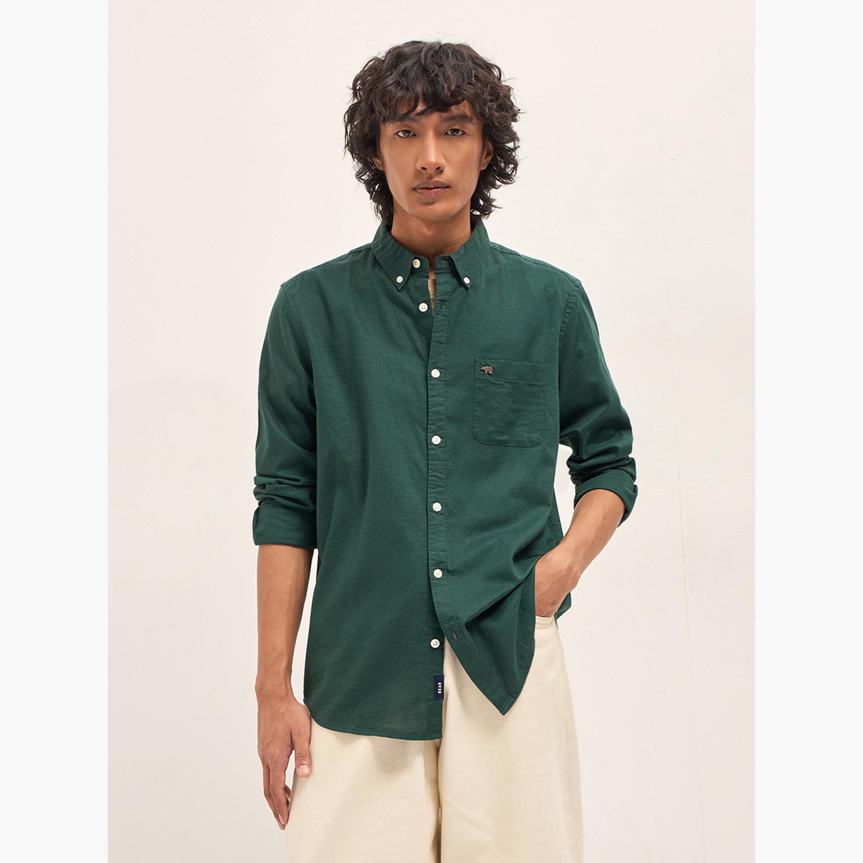 ذا بير هاوس × ستايلي - قميص رجالي كاجوال بقصة ضيقة من القطن والكتان السادة-men-clothing-shirts-image-1