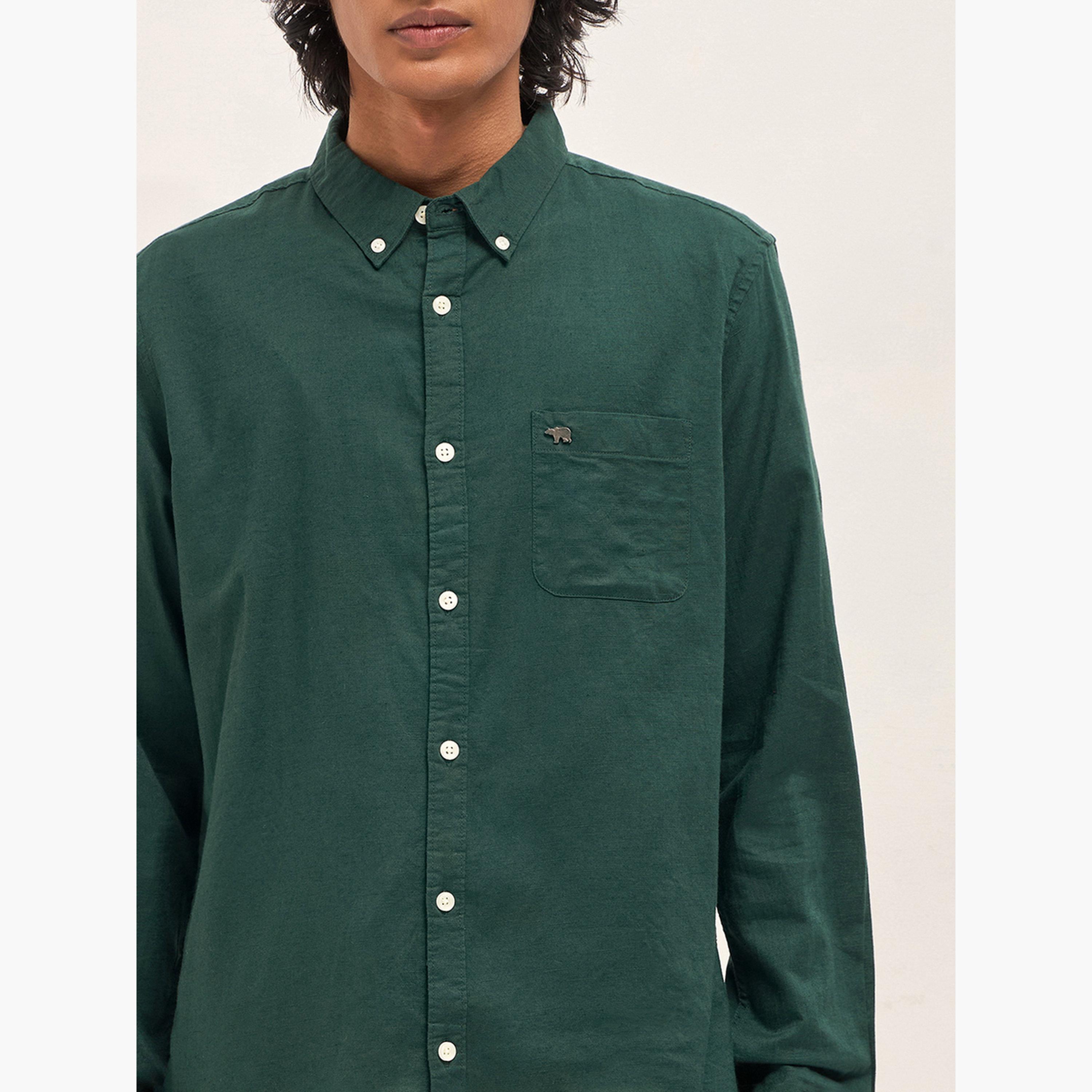 ذا بير هاوس × ستايلي - قميص رجالي كاجوال بقصة ضيقة من القطن والكتان السادة-men-clothing-shirts-image-4