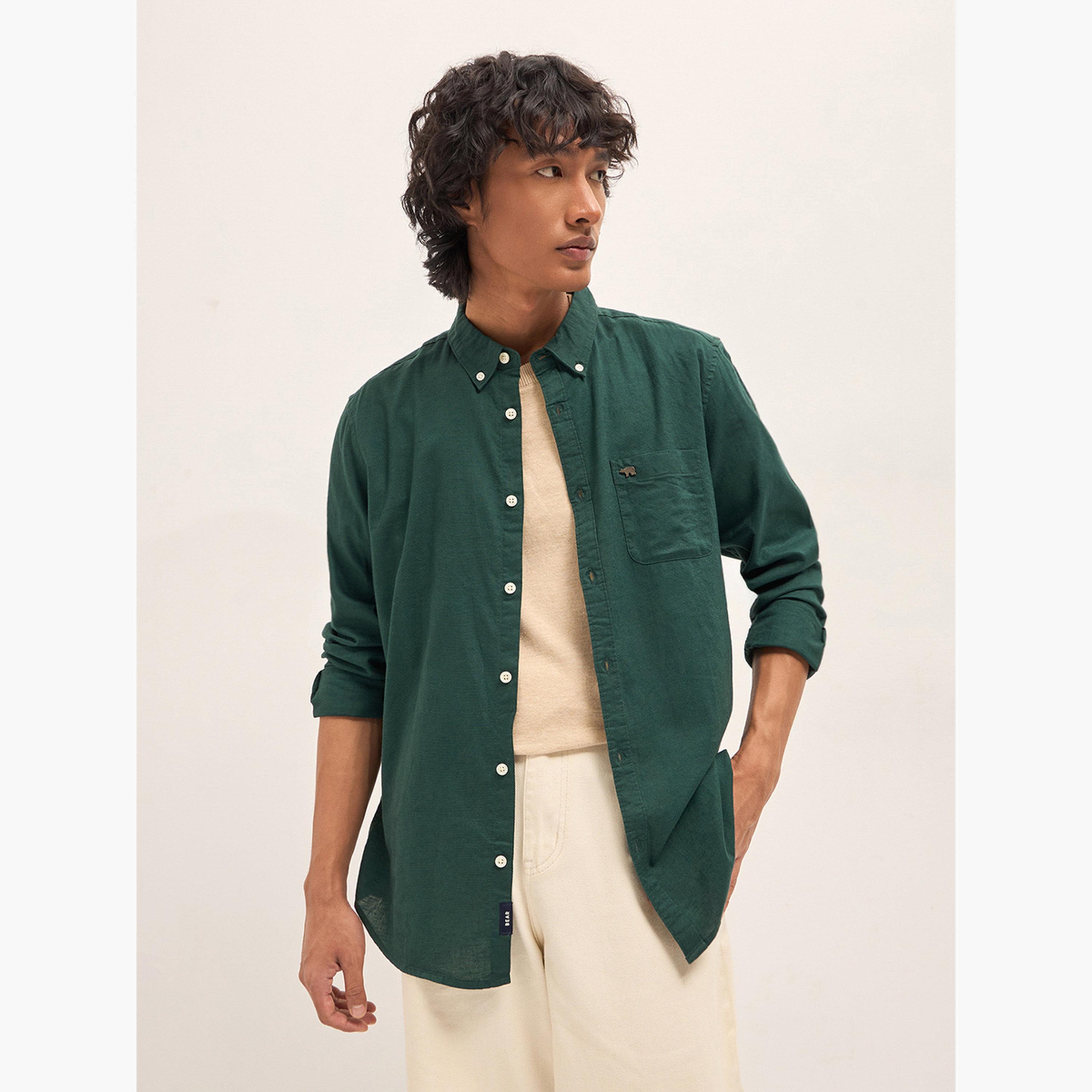 ذا بير هاوس × ستايلي - قميص رجالي كاجوال بقصة ضيقة من القطن والكتان السادة-men-clothing-shirts-image-5