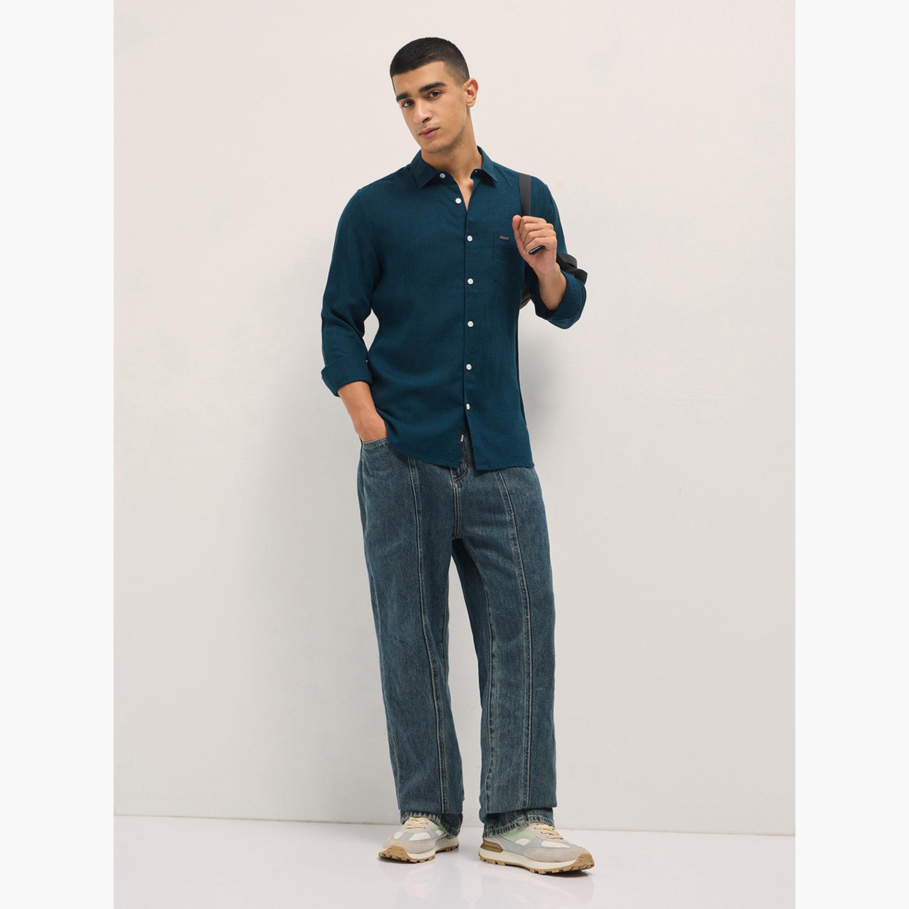 ذا بير هاوس × ستايلي - قميص رجالي من الكتان سادة بقصة ضيقة لإطلالة الكاجوال-men-clothing-shirts-image-3