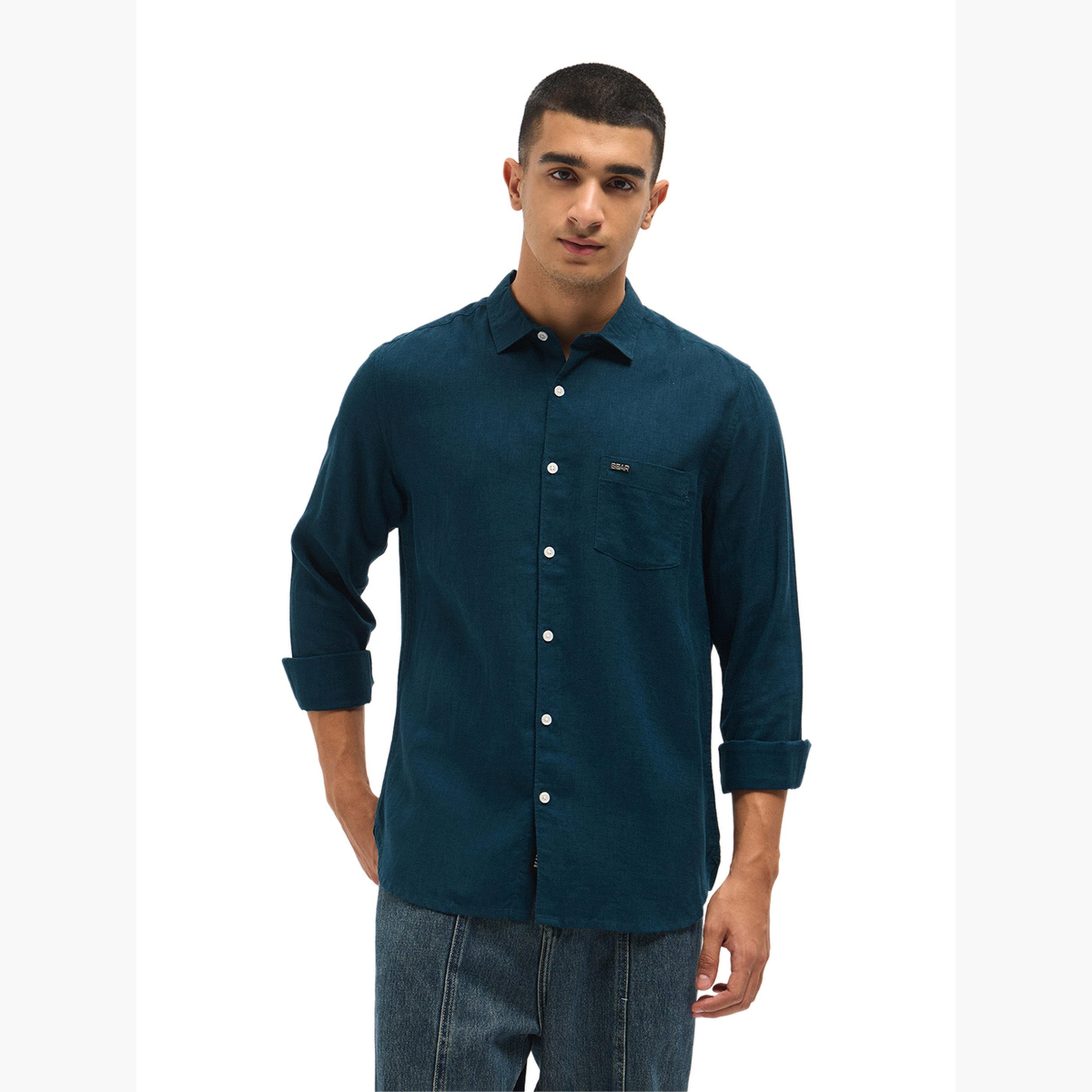 ذا بير هاوس × ستايلي - قميص رجالي من الكتان سادة بقصة ضيقة لإطلالة الكاجوال-men-clothing-shirts-image-4
