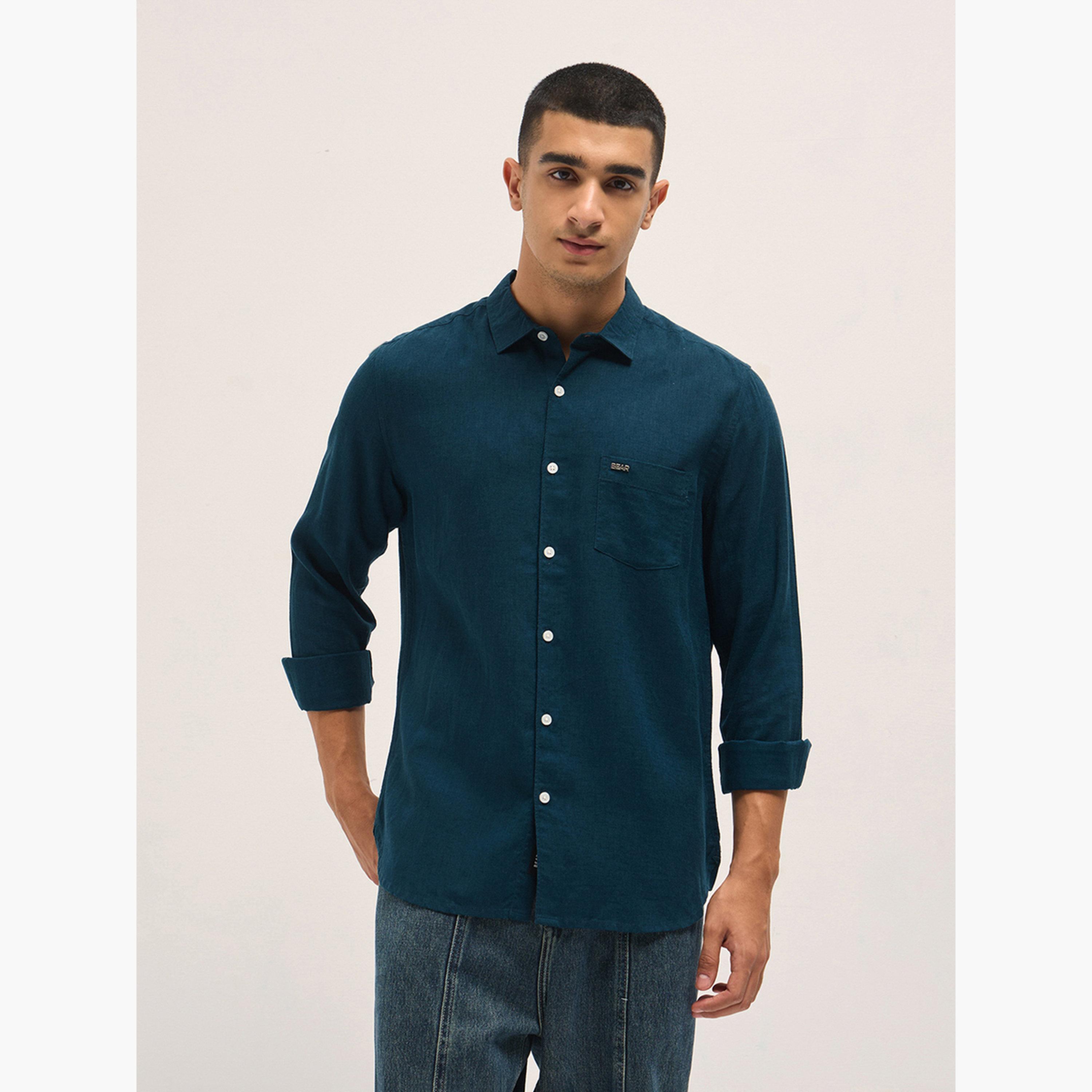 ذا بير هاوس × ستايلي - قميص رجالي من الكتان سادة بقصة ضيقة لإطلالة الكاجوال-men-clothing-shirts-image-5