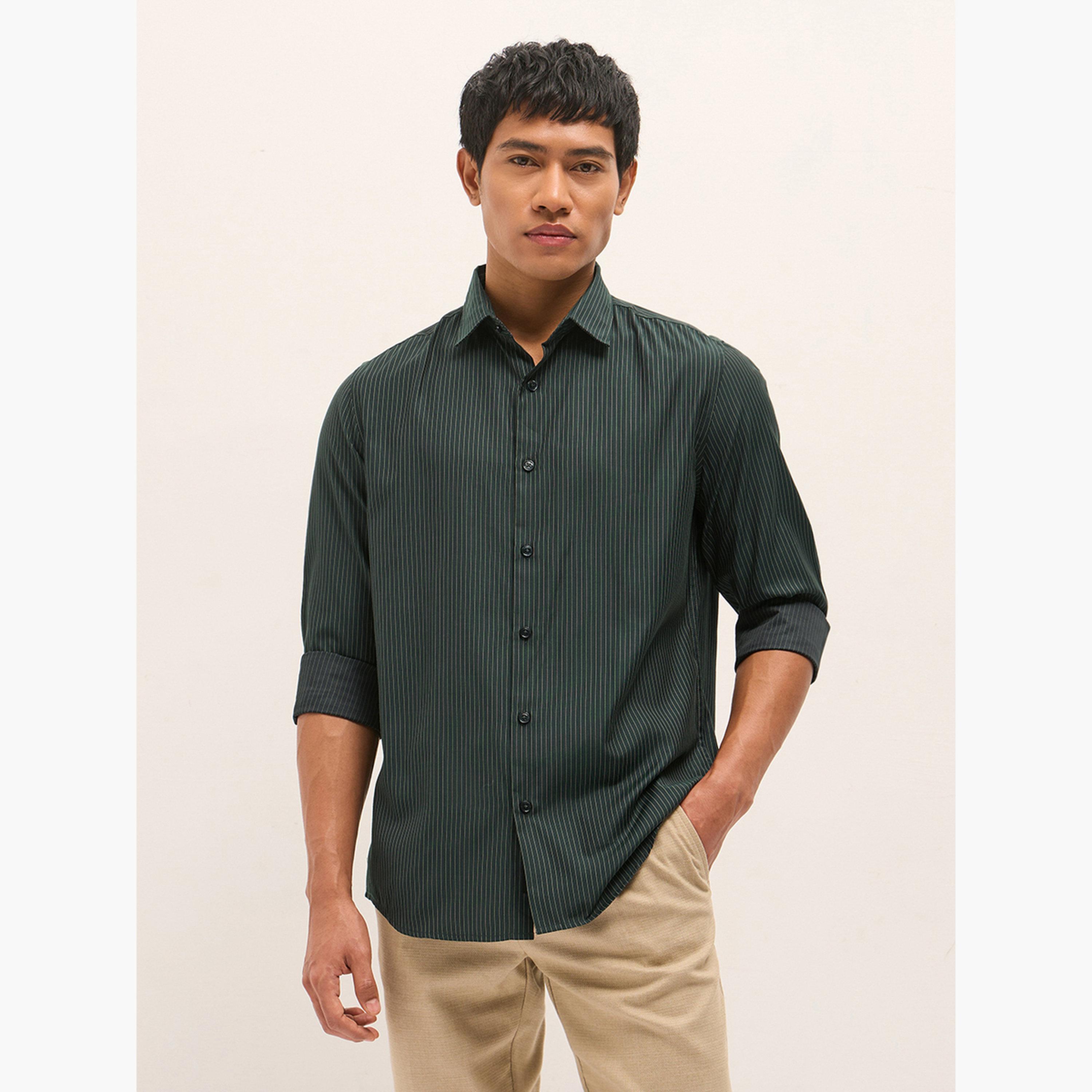 ذا بير هاوس × ستايلي - قميص رجالي رسمي بقصة ضيقة من مزيج القطن بنقشة مخططة-men-clothing-shirts-image-1