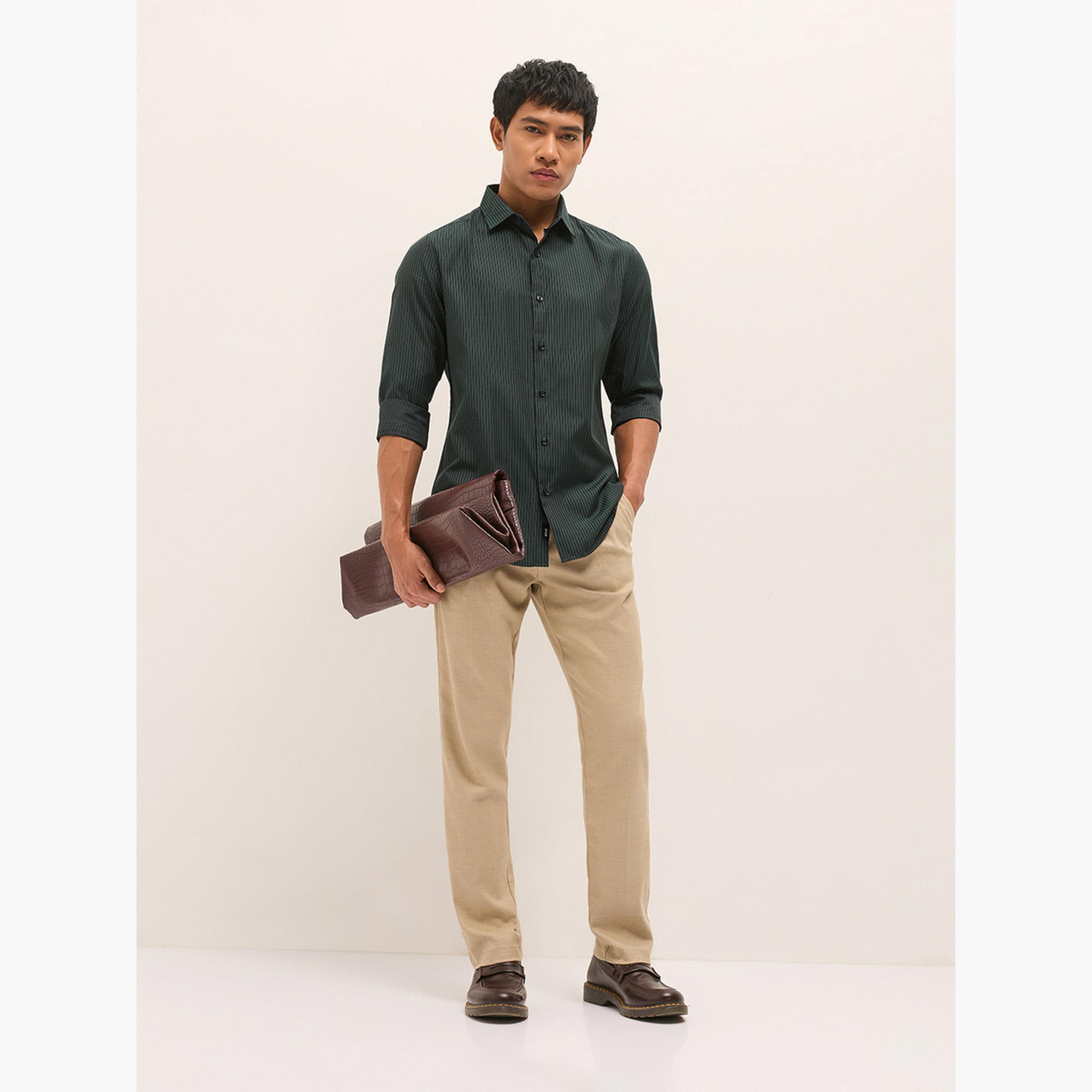 ذا بير هاوس × ستايلي - قميص رجالي رسمي بقصة ضيقة من مزيج القطن بنقشة مخططة-men-clothing-shirts-image-2