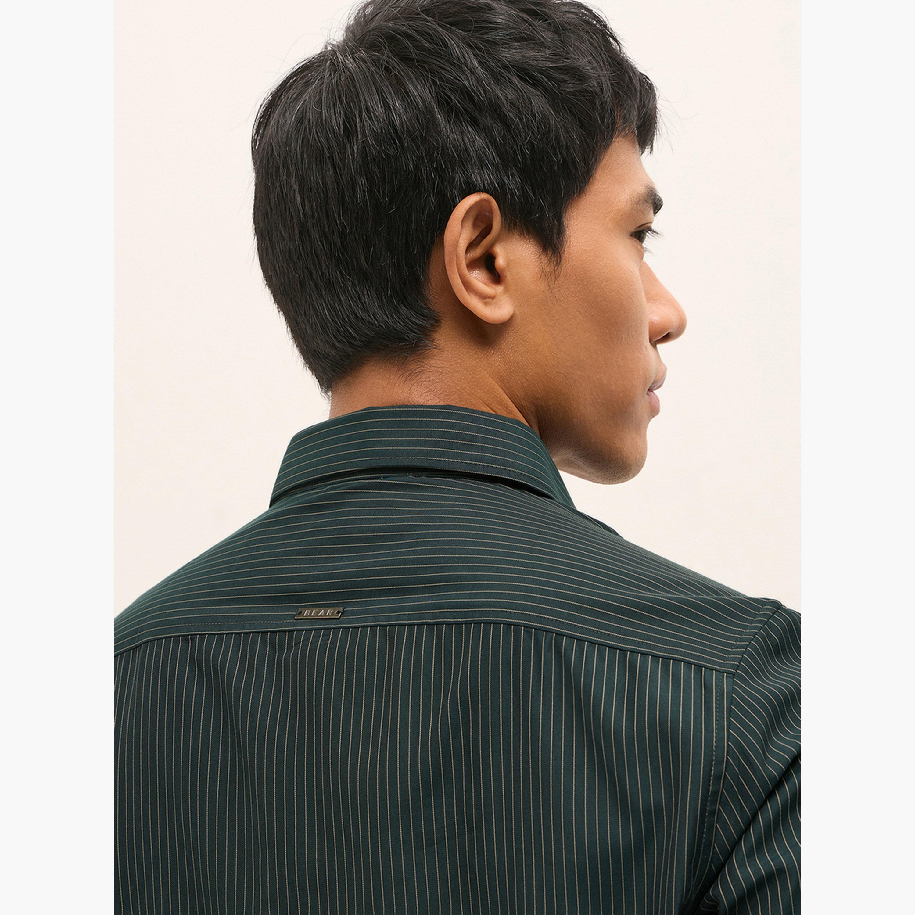 ذا بير هاوس × ستايلي - قميص رجالي رسمي بقصة ضيقة من مزيج القطن بنقشة مخططة-men-clothing-shirts-image-3
