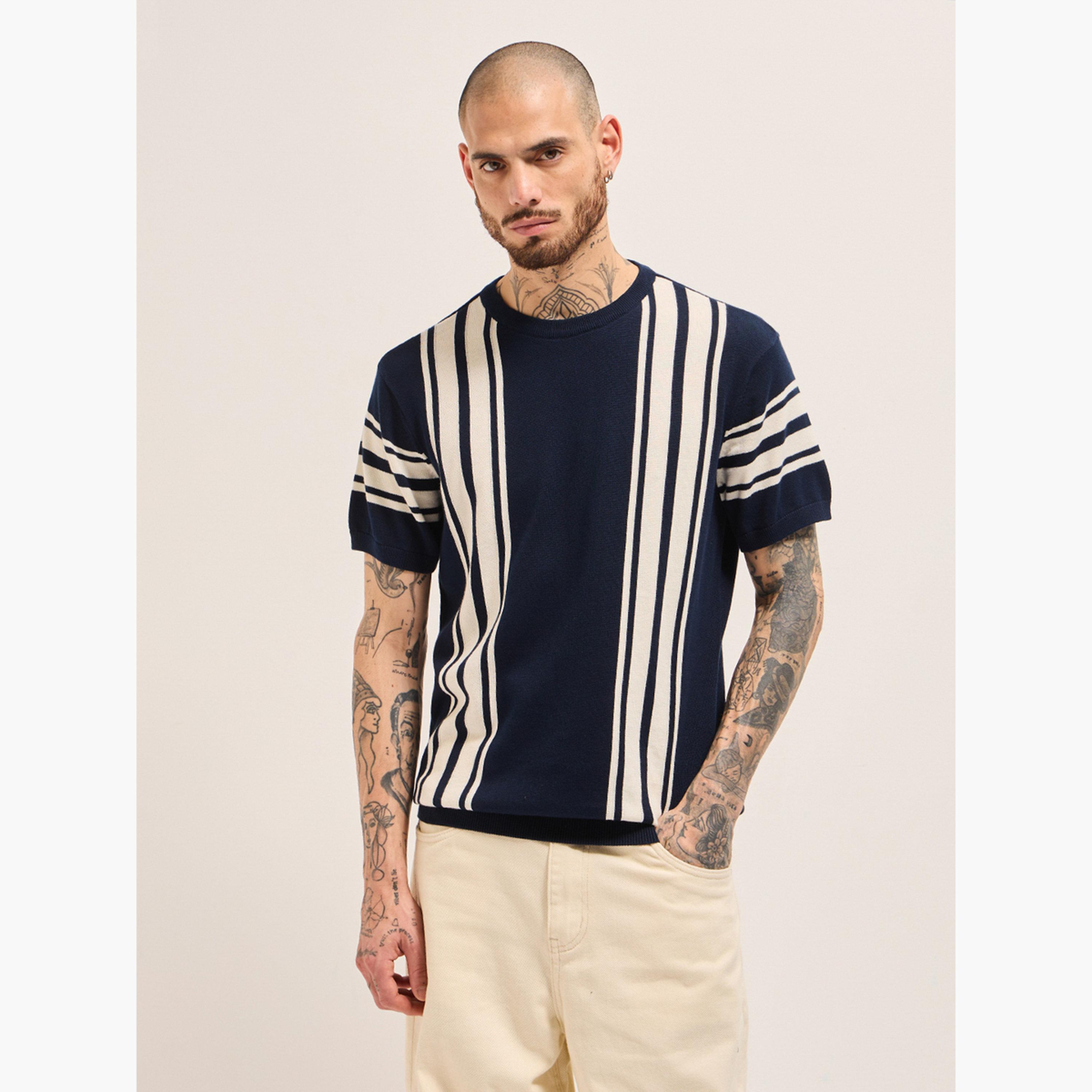 تيشيرت رجالي قطن خالص مخطط بياقة دائرية-men-clothing-tshirtsandpolos-tshirts-image-1