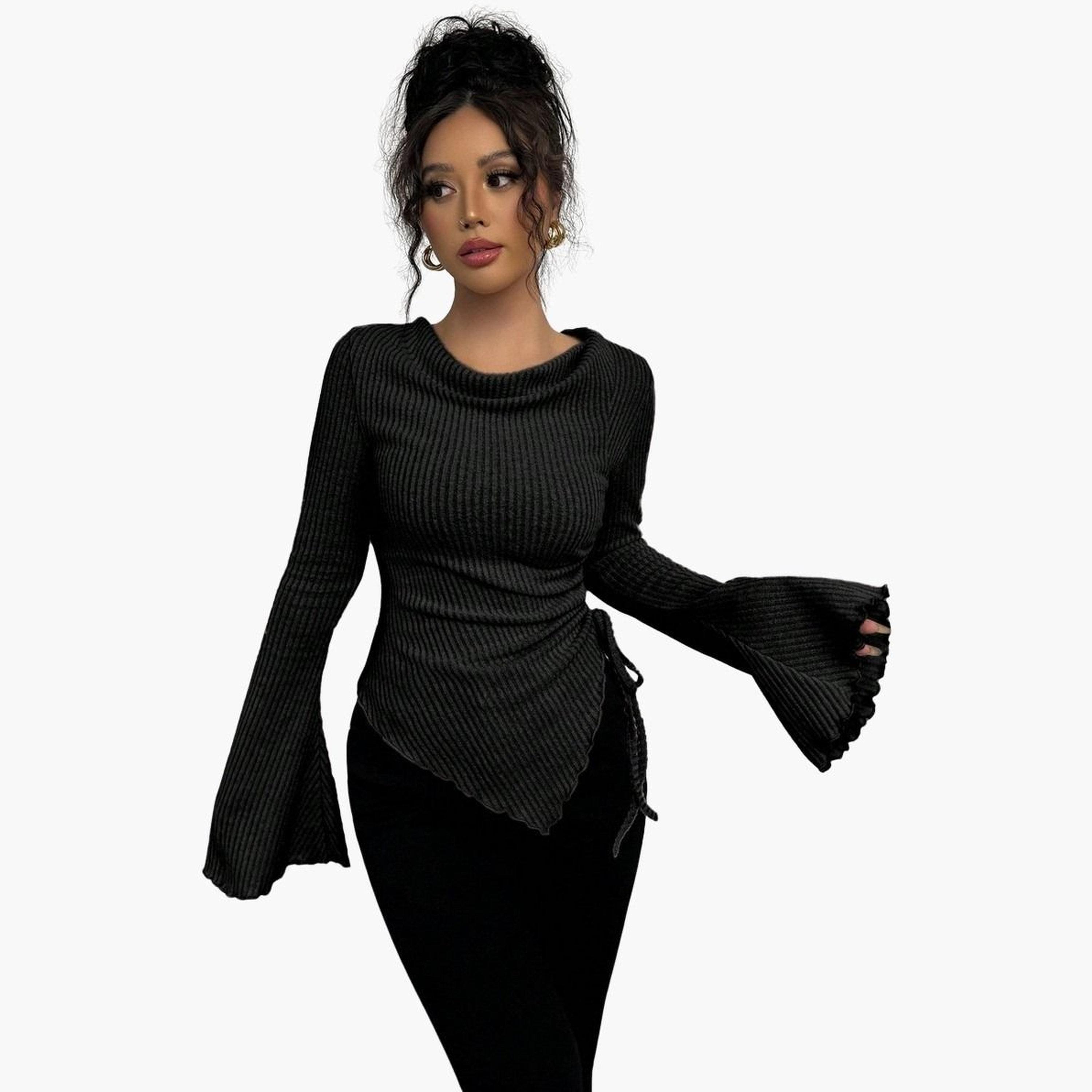 Take Two Women Black Ribbed Tie-Waist Top-women-clothing-shirtsandblouses-blouses-image-1