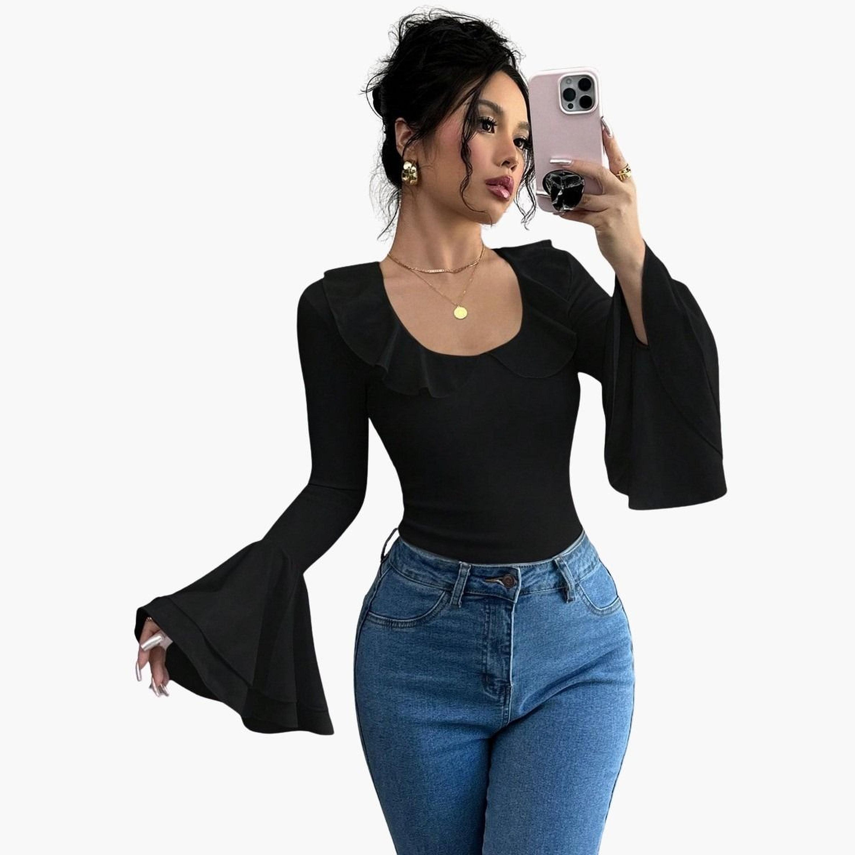 Take Two Women Black Solid Ruffled Neck Flare Sleeve Top-women-clothing-shirtsandblouses-blouses-image-1