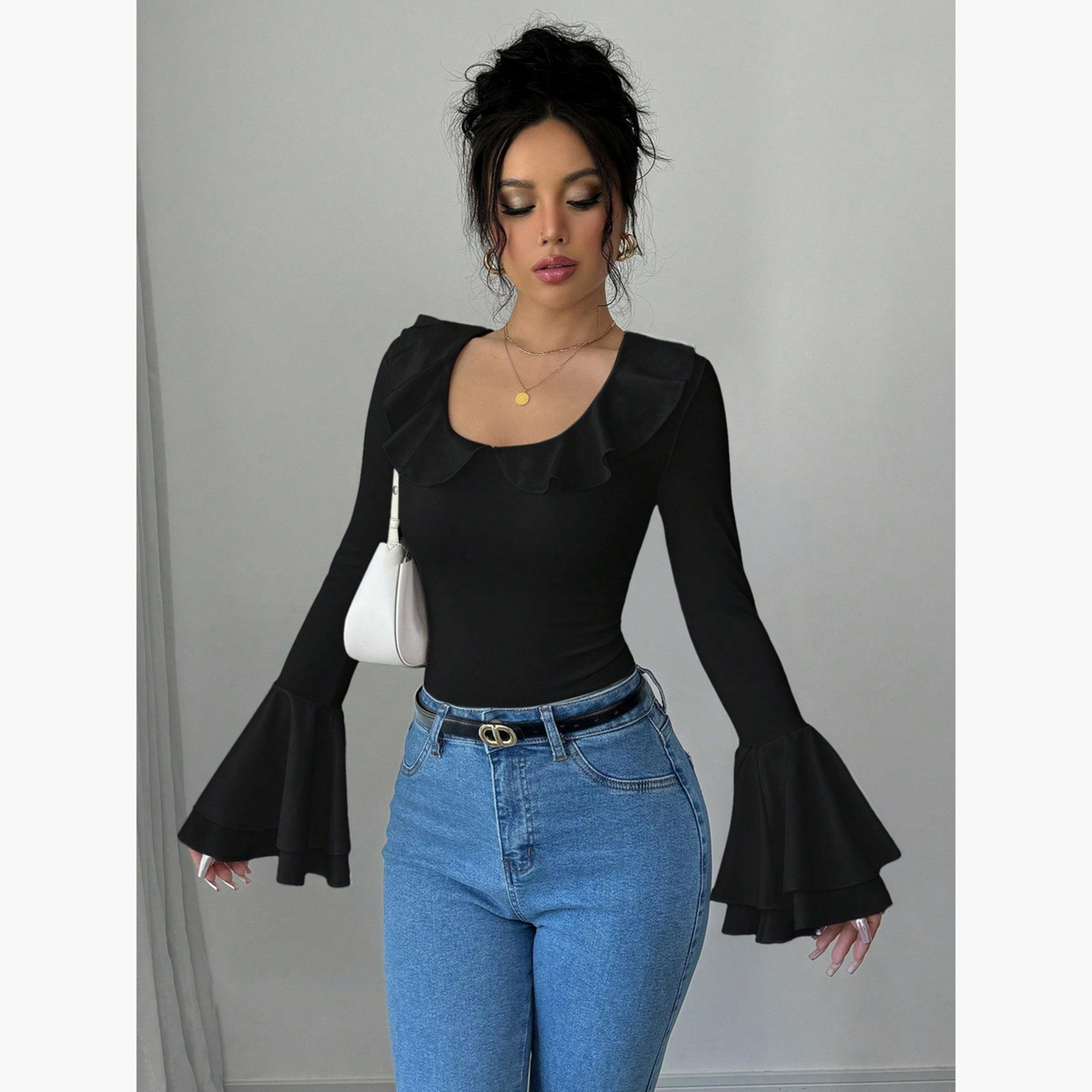 Take Two Women Black Solid Ruffled Neck Flare Sleeve Top-women-clothing-shirtsandblouses-blouses-image-2