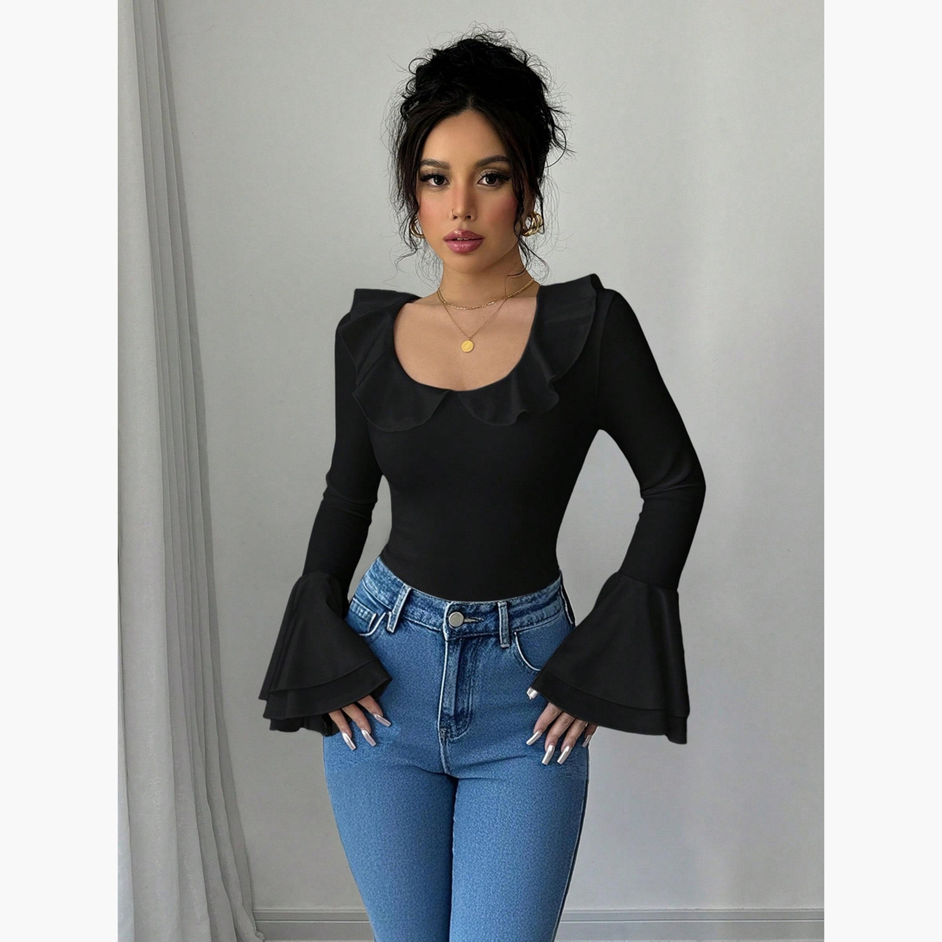 Take Two Women Black Solid Ruffled Neck Flare Sleeve Top-women-clothing-shirtsandblouses-blouses-image-3