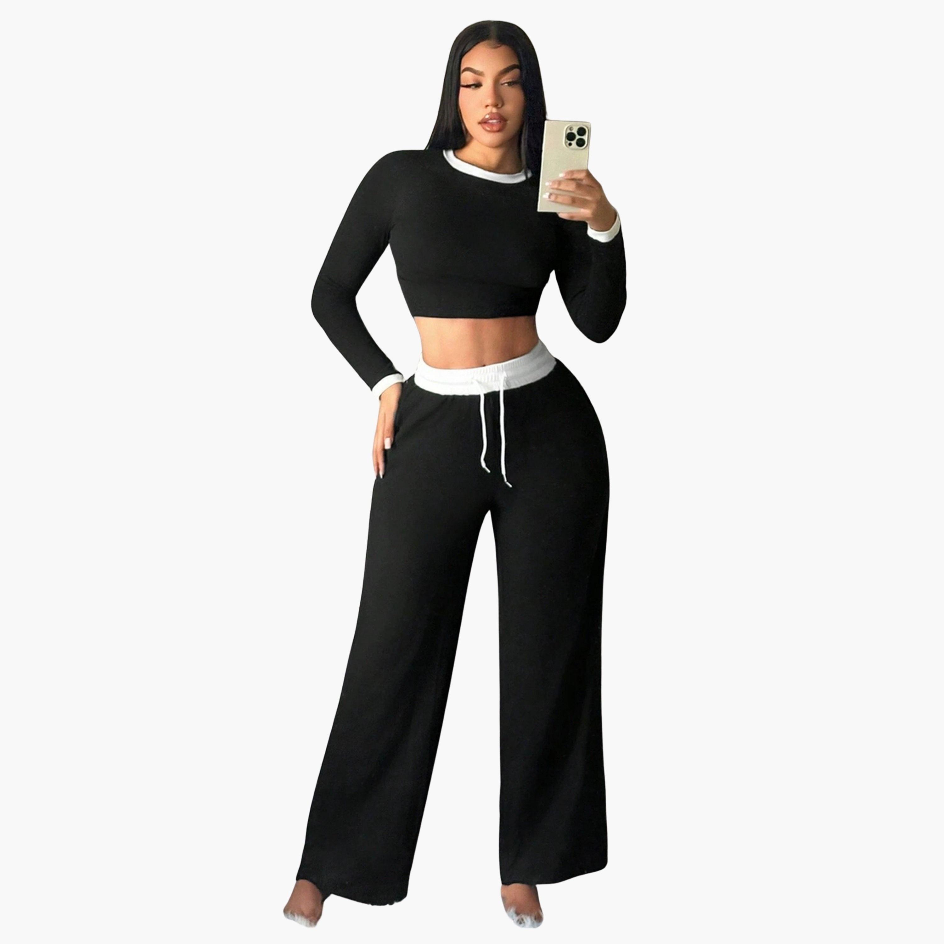 طقم بلوزة بياقة دائرية متباينة وبنطلون برباط-women-clothing-coordsets-image-1