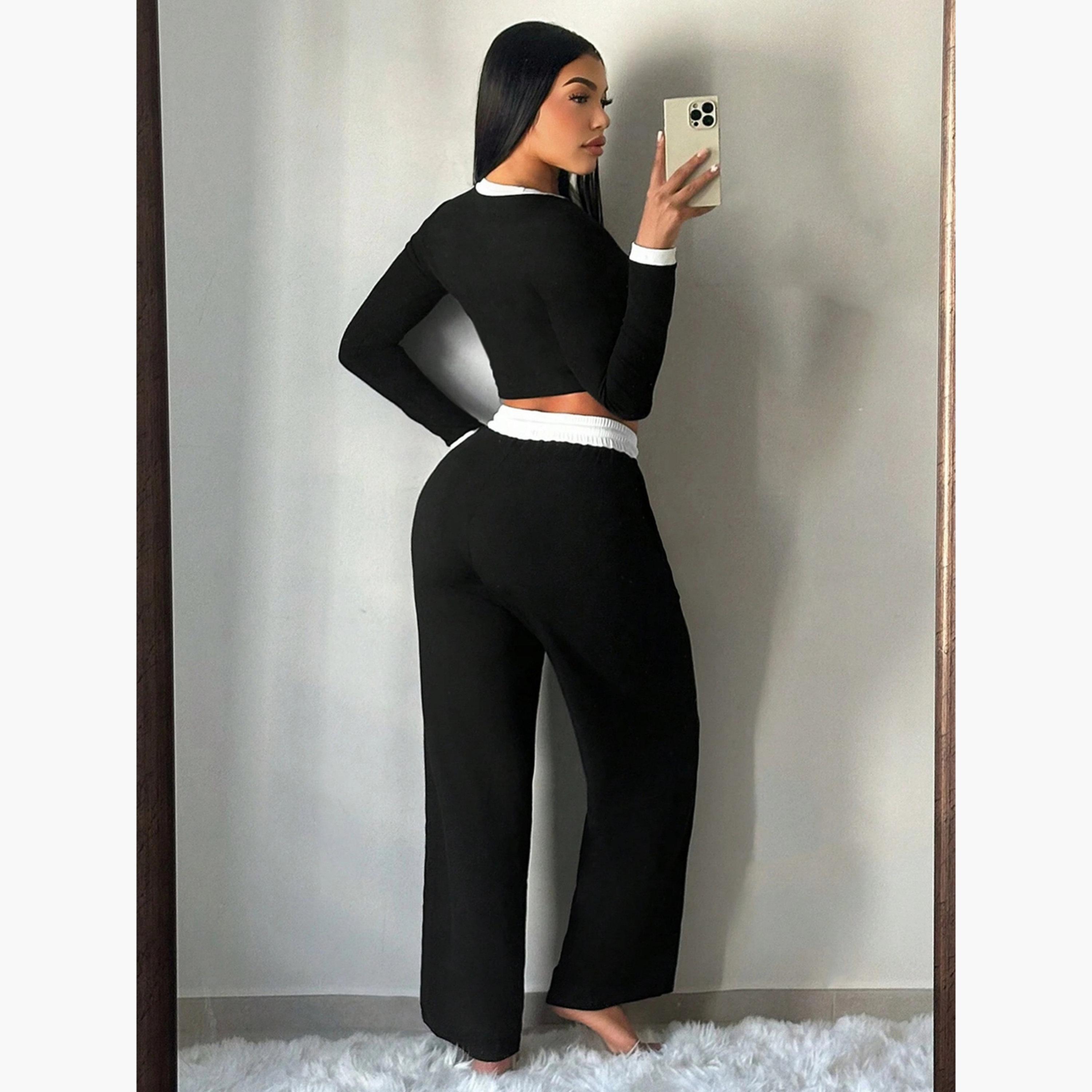 طقم بلوزة بياقة دائرية متباينة وبنطلون برباط-women-clothing-coordsets-image-2