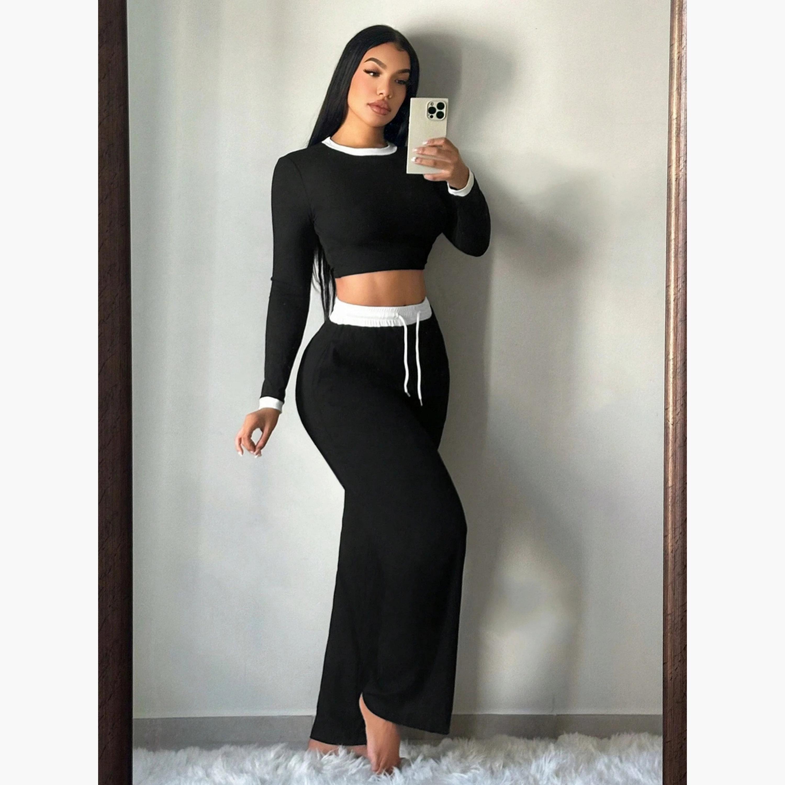 طقم بلوزة بياقة دائرية متباينة وبنطلون برباط-women-clothing-coordsets-image-3
