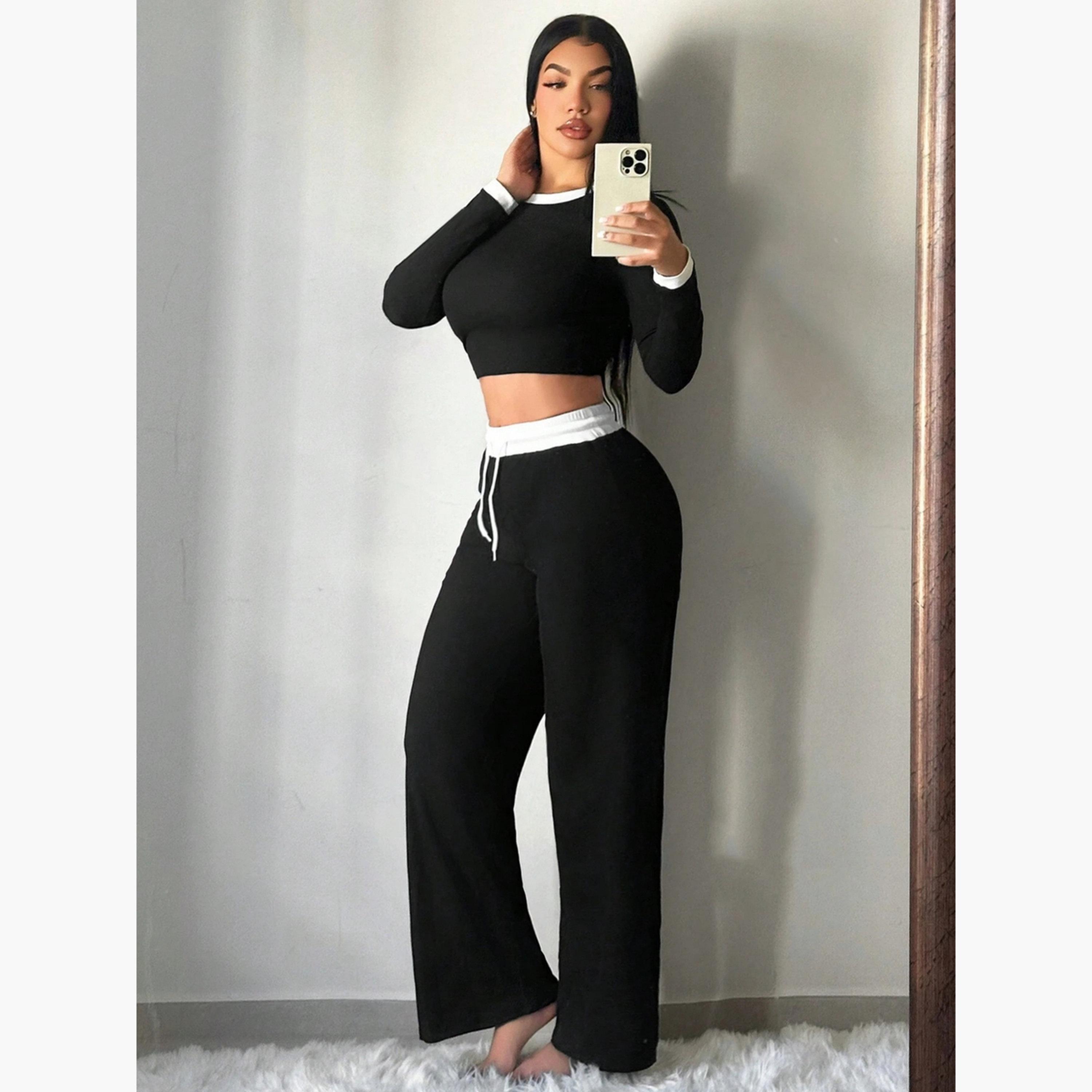 طقم بلوزة بياقة دائرية متباينة وبنطلون برباط-women-clothing-coordsets-image-4