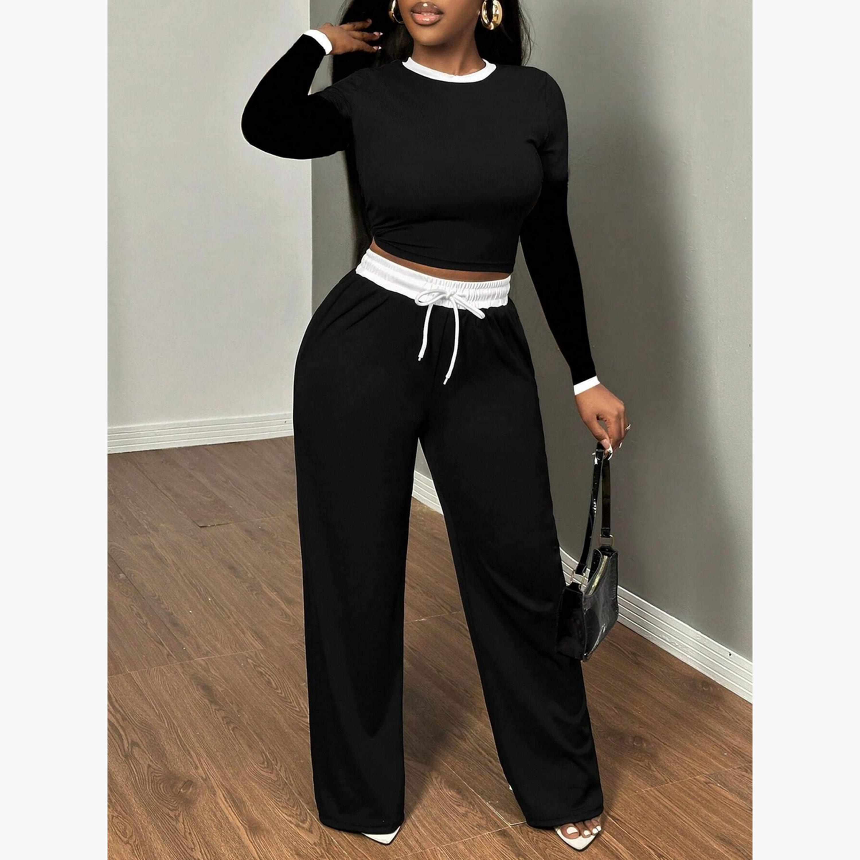 طقم بلوزة بياقة دائرية متباينة وبنطلون برباط-women-clothing-coordsets-image-5