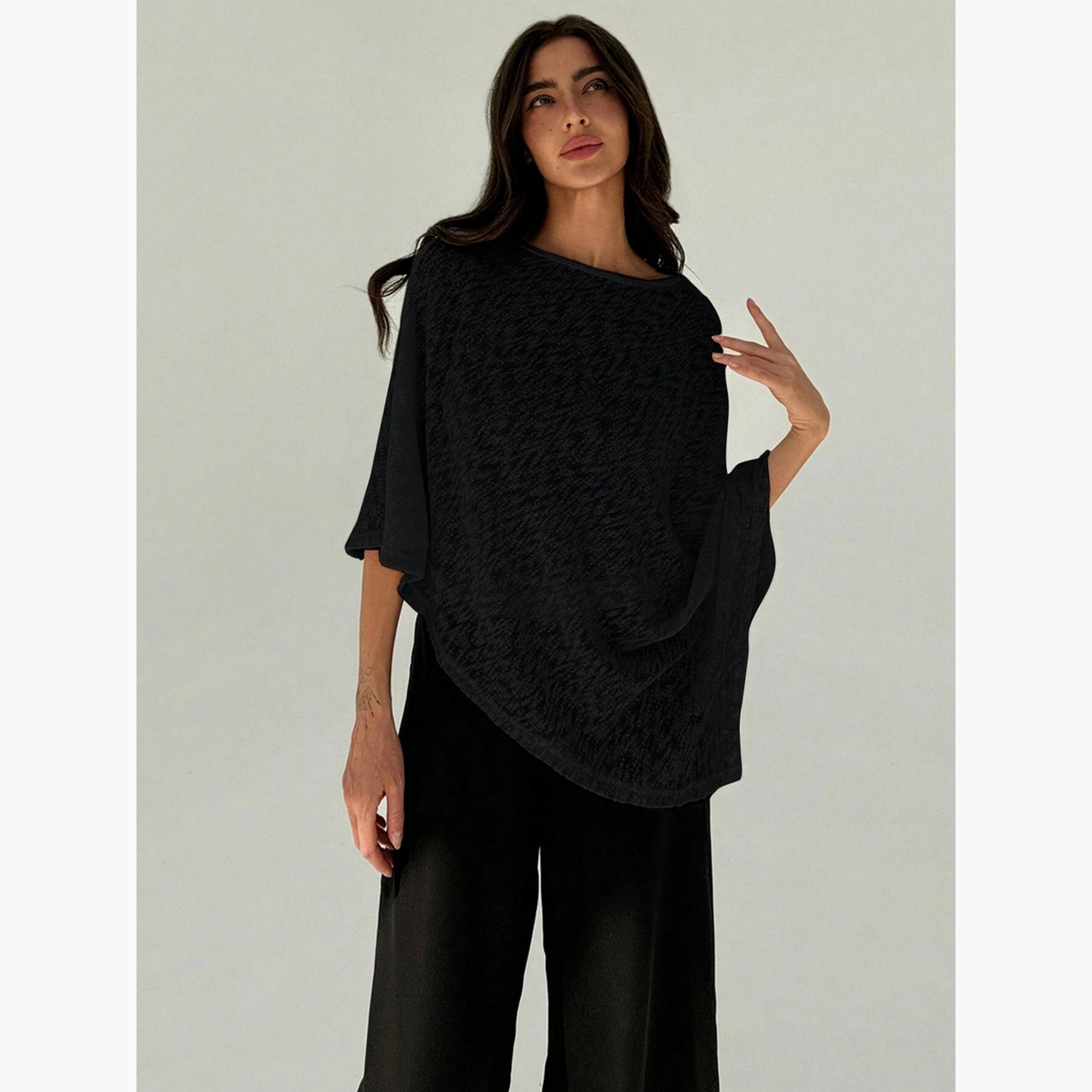 بلوزة كيب سادة بياقة دائرية وتفاصيل بارزة الملمس-women-clothing-shirtsandblouses-blouses-image-3