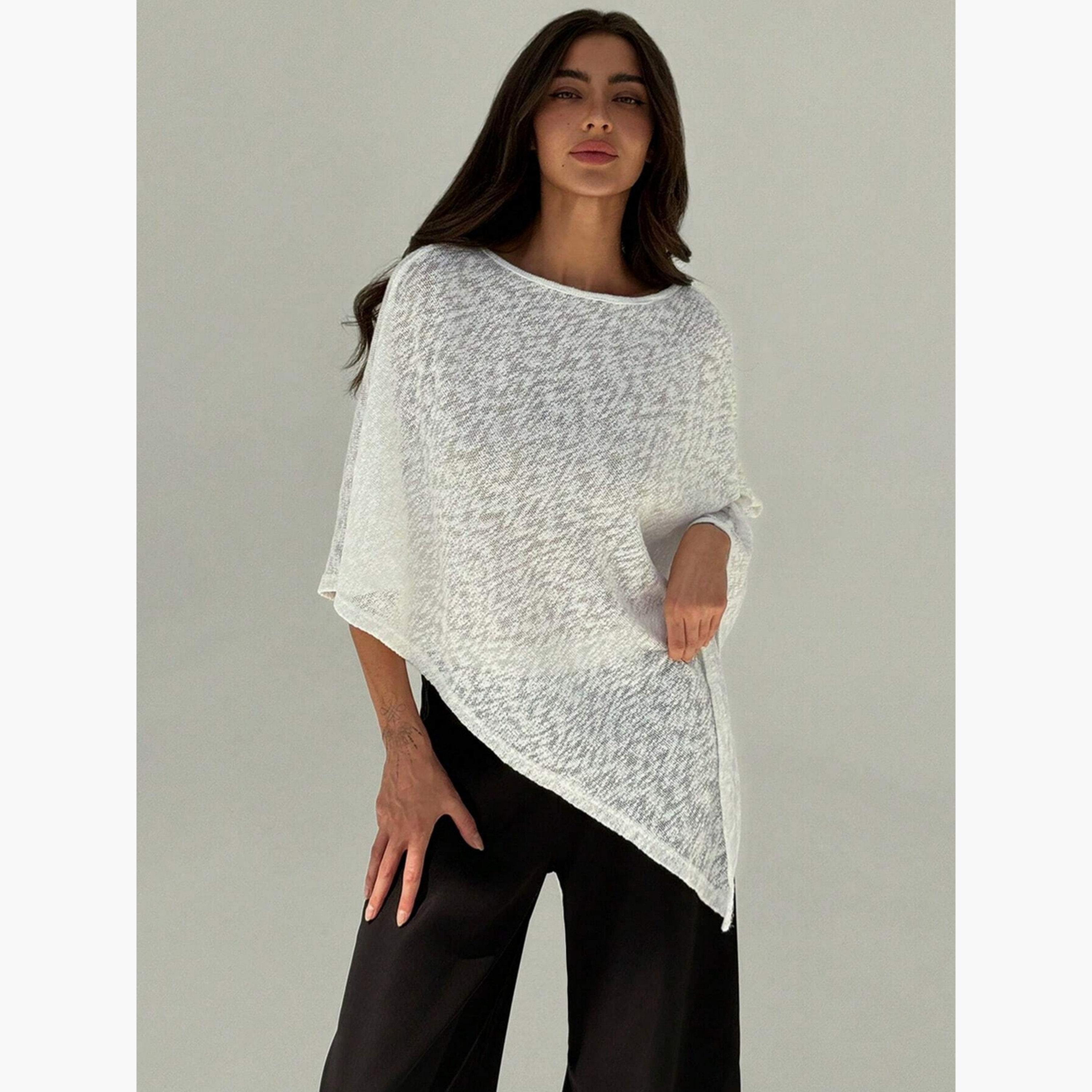 بلوزة كيب سادة بياقة دائرية وتفاصيل بارزة الملمس-women-clothing-shirtsandblouses-blouses-image-5