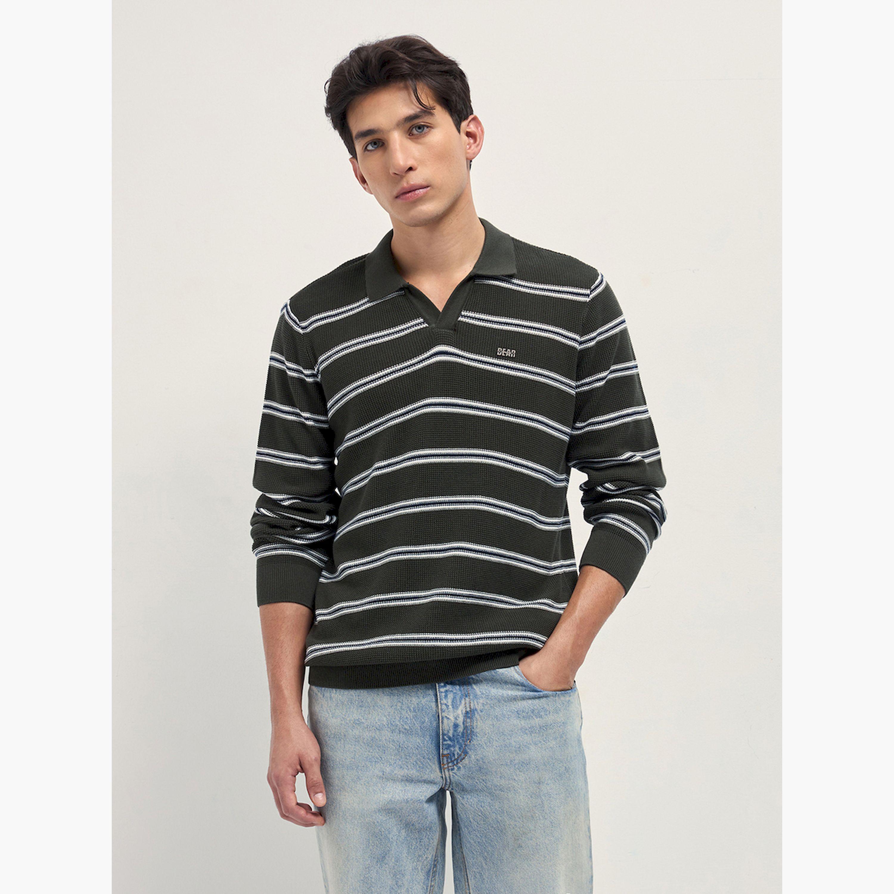 سويتر بولو رجالي قطن خالص محبوكة ومخططة-men-clothing-tshirtsandpolos-polos-image-1