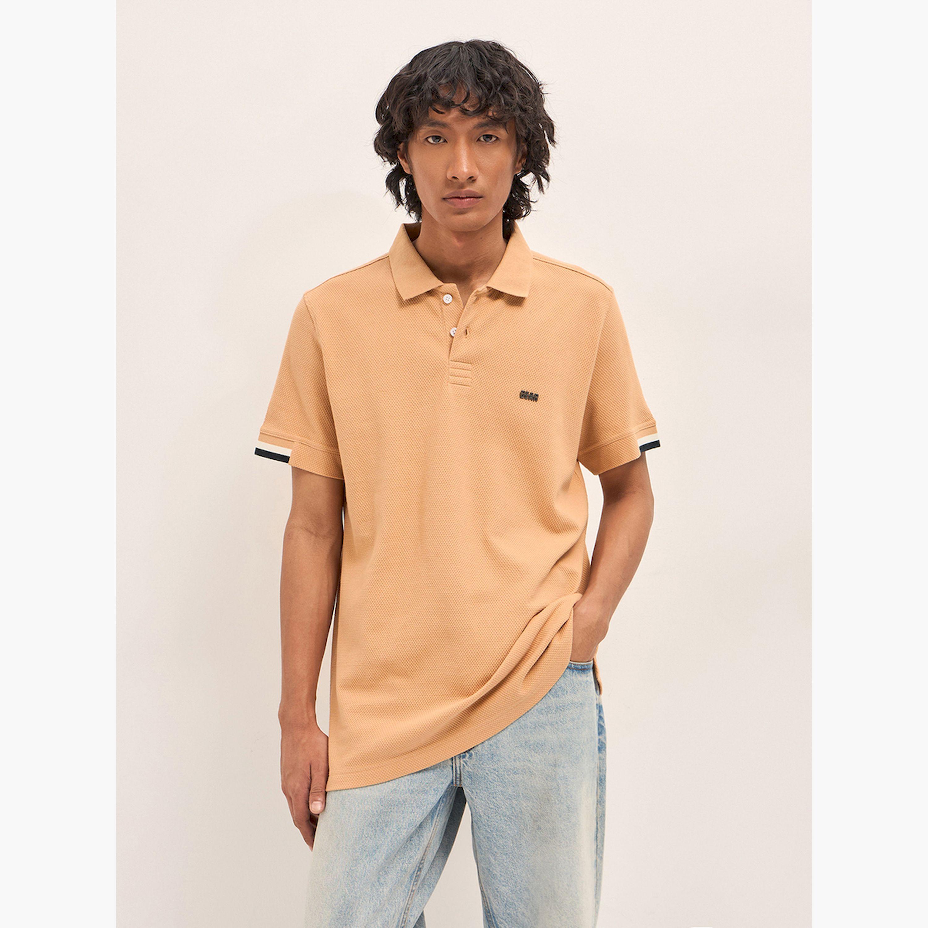 قميص بولو رجالي قطن خالص محبوك بارز الملمس وقصة ضيقة-men-clothing-tshirtsandpolos-polos-image-1