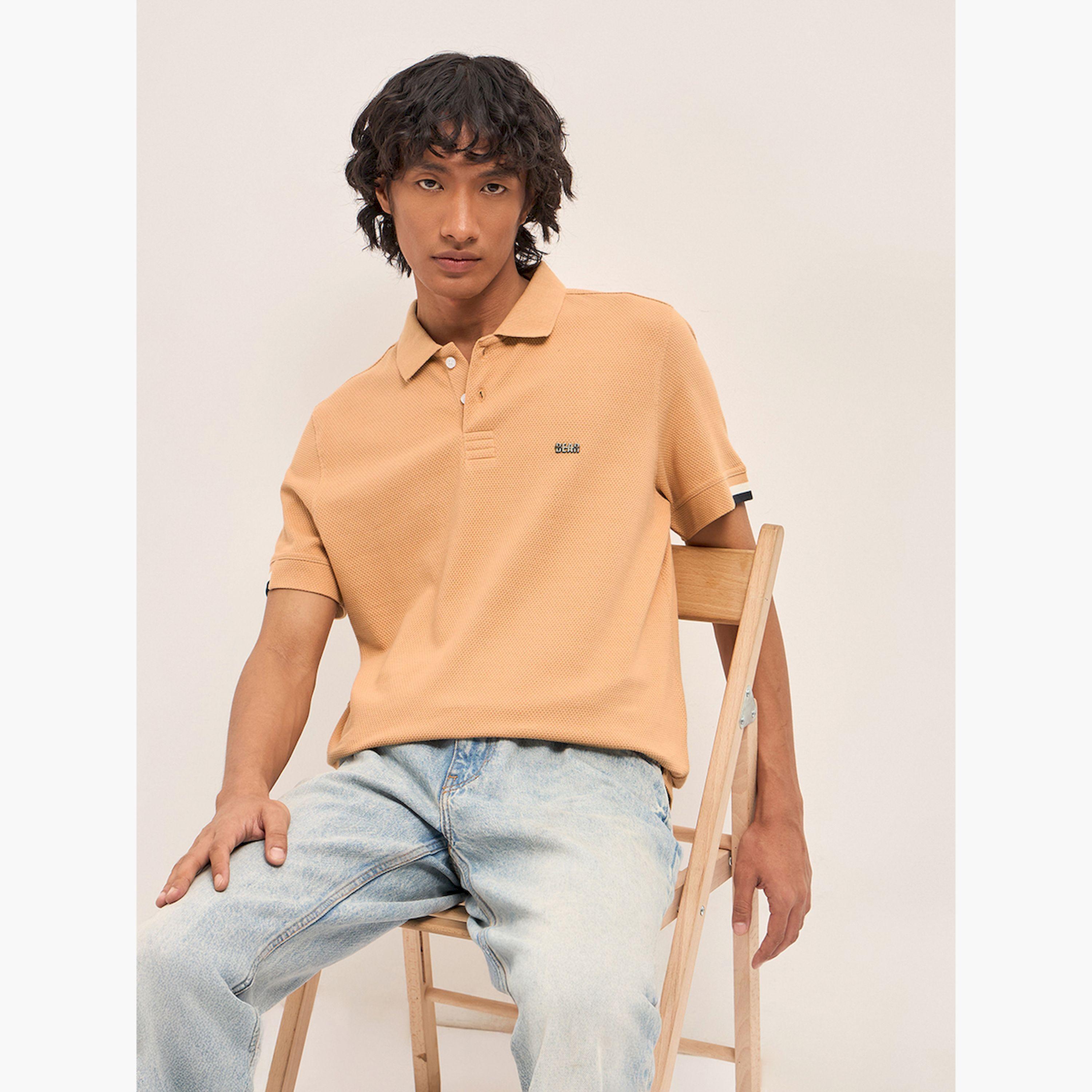 قميص بولو رجالي قطن خالص محبوك بارز الملمس وقصة ضيقة-men-clothing-tshirtsandpolos-polos-image-4