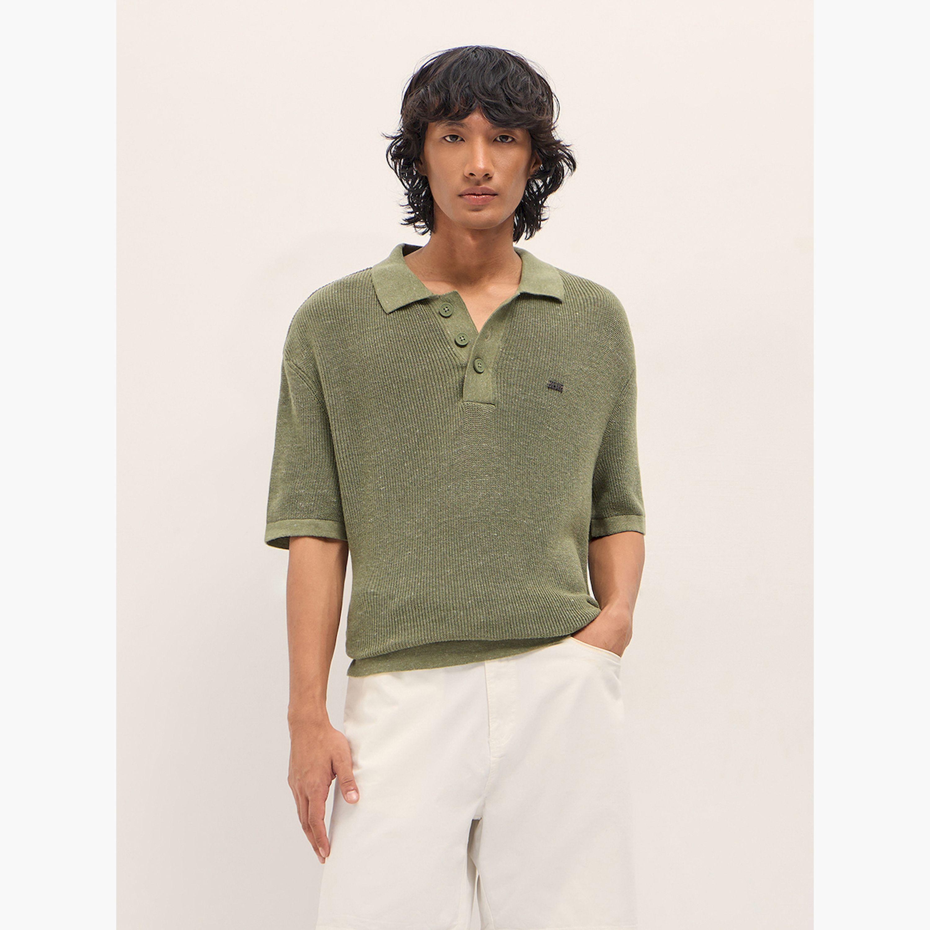 قميص بولو رجالي قطن خالص محبوك بارز الملمس وقصة عادية-men-clothing-tshirtsandpolos-polos-image-1