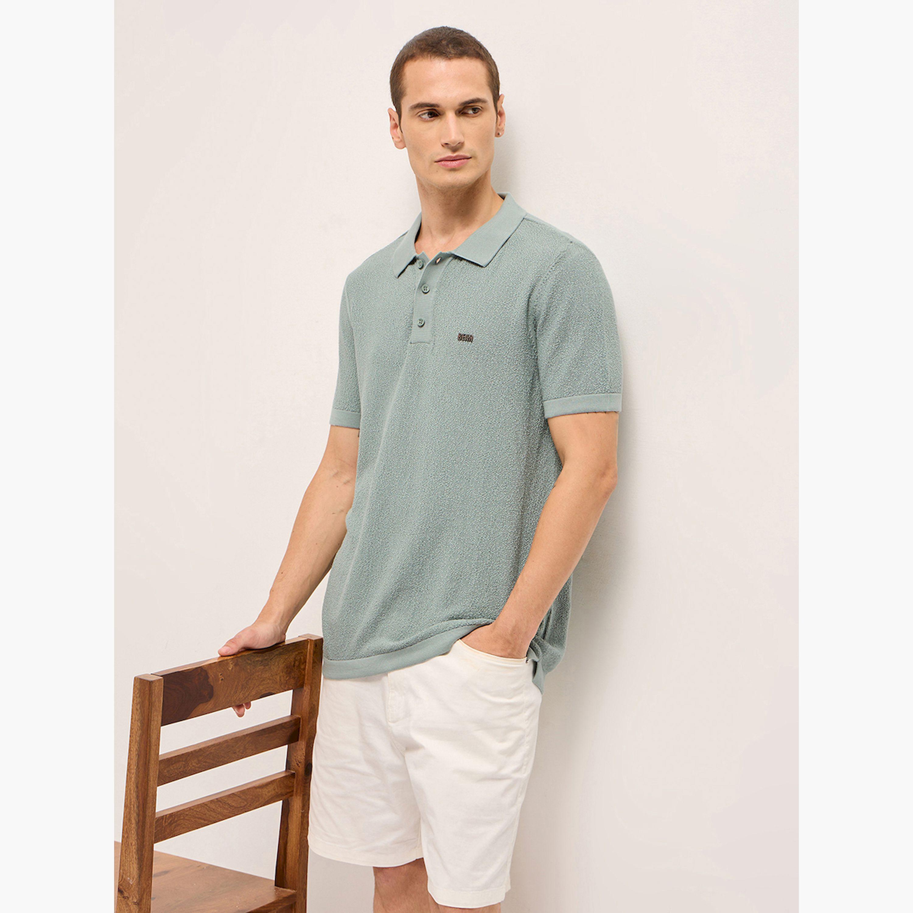 قميص بولو رجالي سادة محبوك بارز الملمس وقصة عادية-men-clothing-tshirtsandpolos-polos-image-4