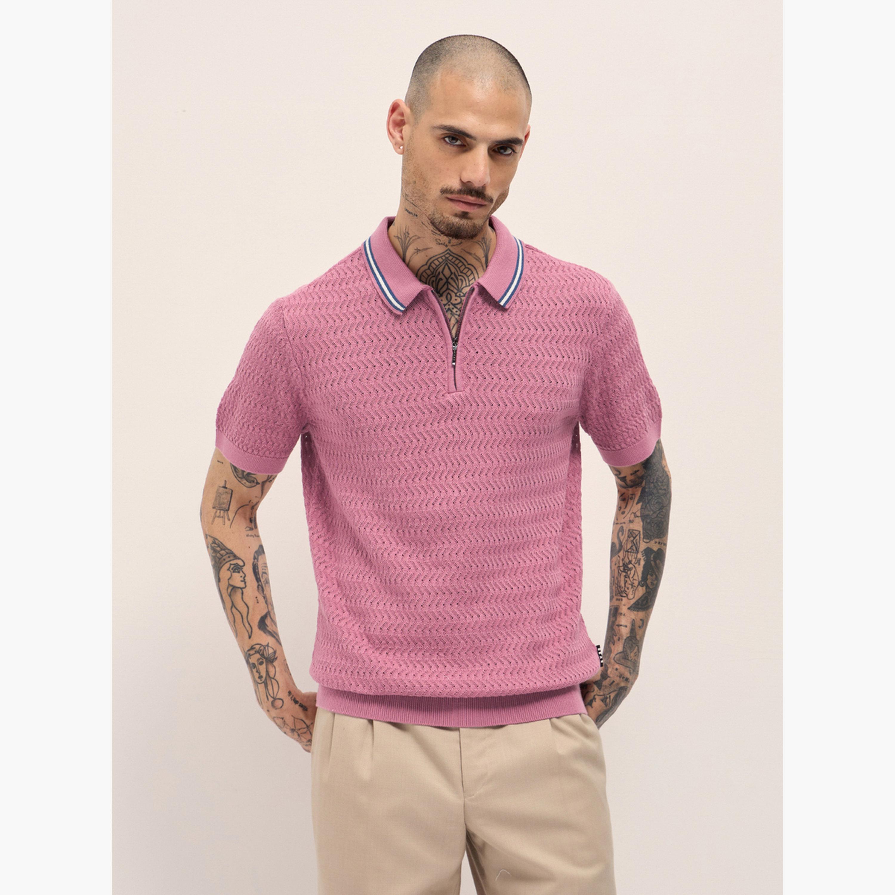 قميص بولو رجالي قطن خالص بارز الملمس وقصة ضيقة-men-clothing-tshirtsandpolos-polos-image-1