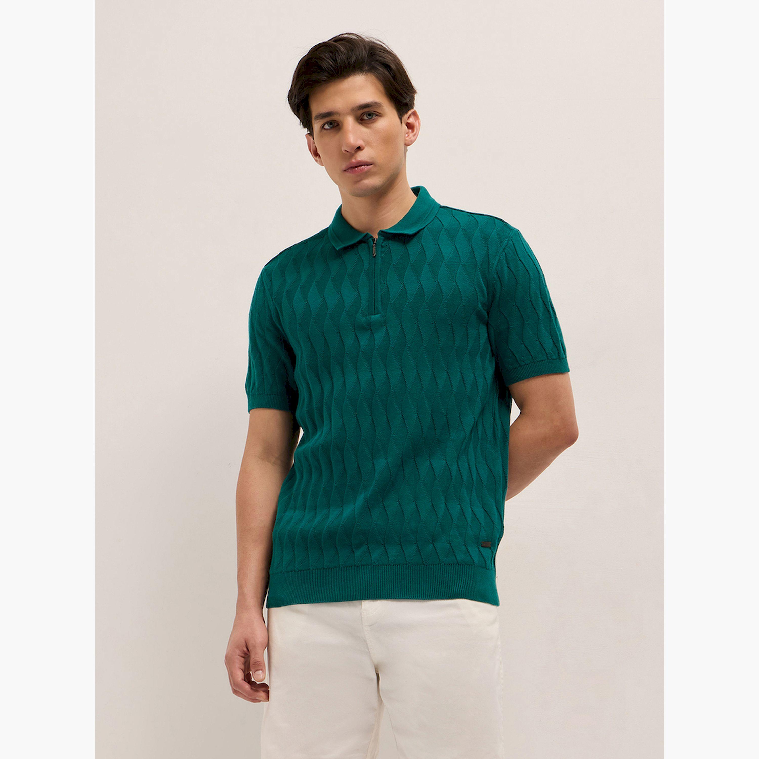 قميص بولو رجالي قطن خالص محبوك بارز الملمس وقصة ضيقة-men-clothing-tshirtsandpolos-polos-image-1