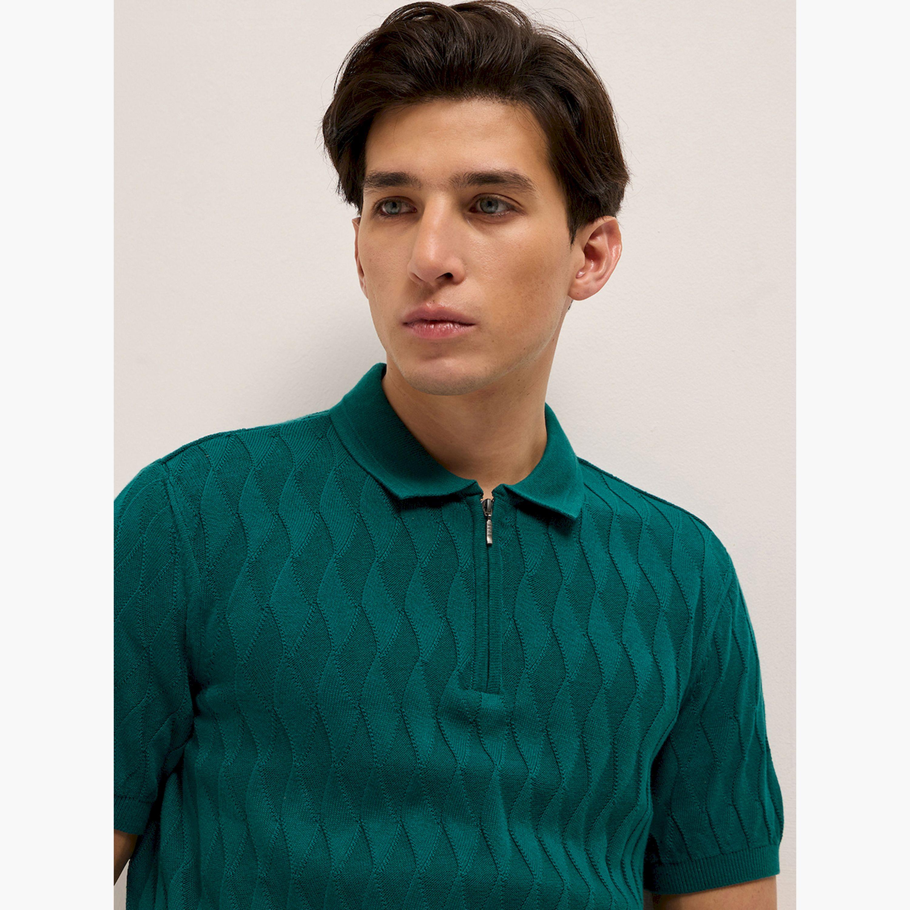 قميص بولو رجالي قطن خالص محبوك بارز الملمس وقصة ضيقة-men-clothing-tshirtsandpolos-polos-image-3