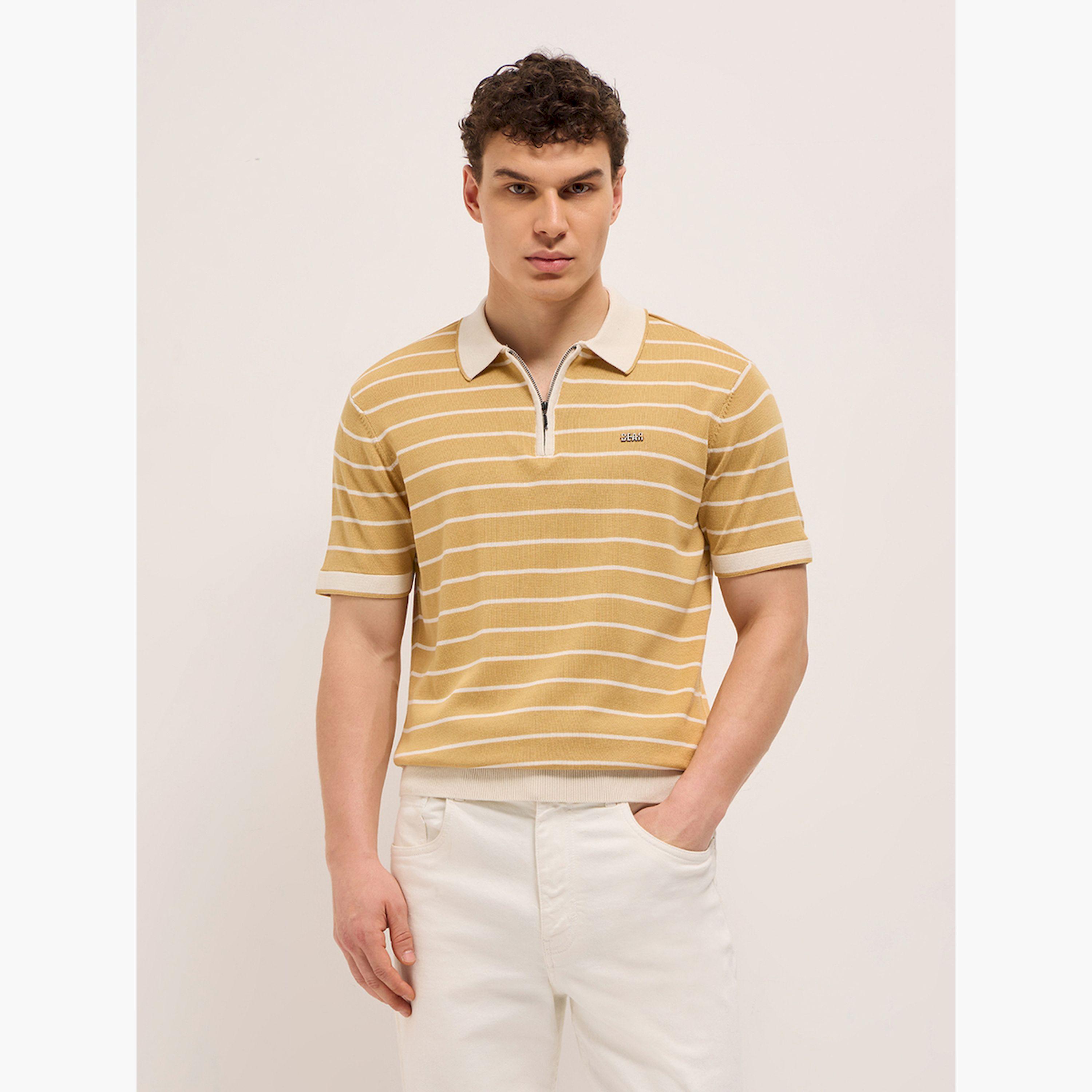 قميص بولو رجالي قطني مخطط وقصة ضيقة-men-clothing-tshirtsandpolos-polos-image-1