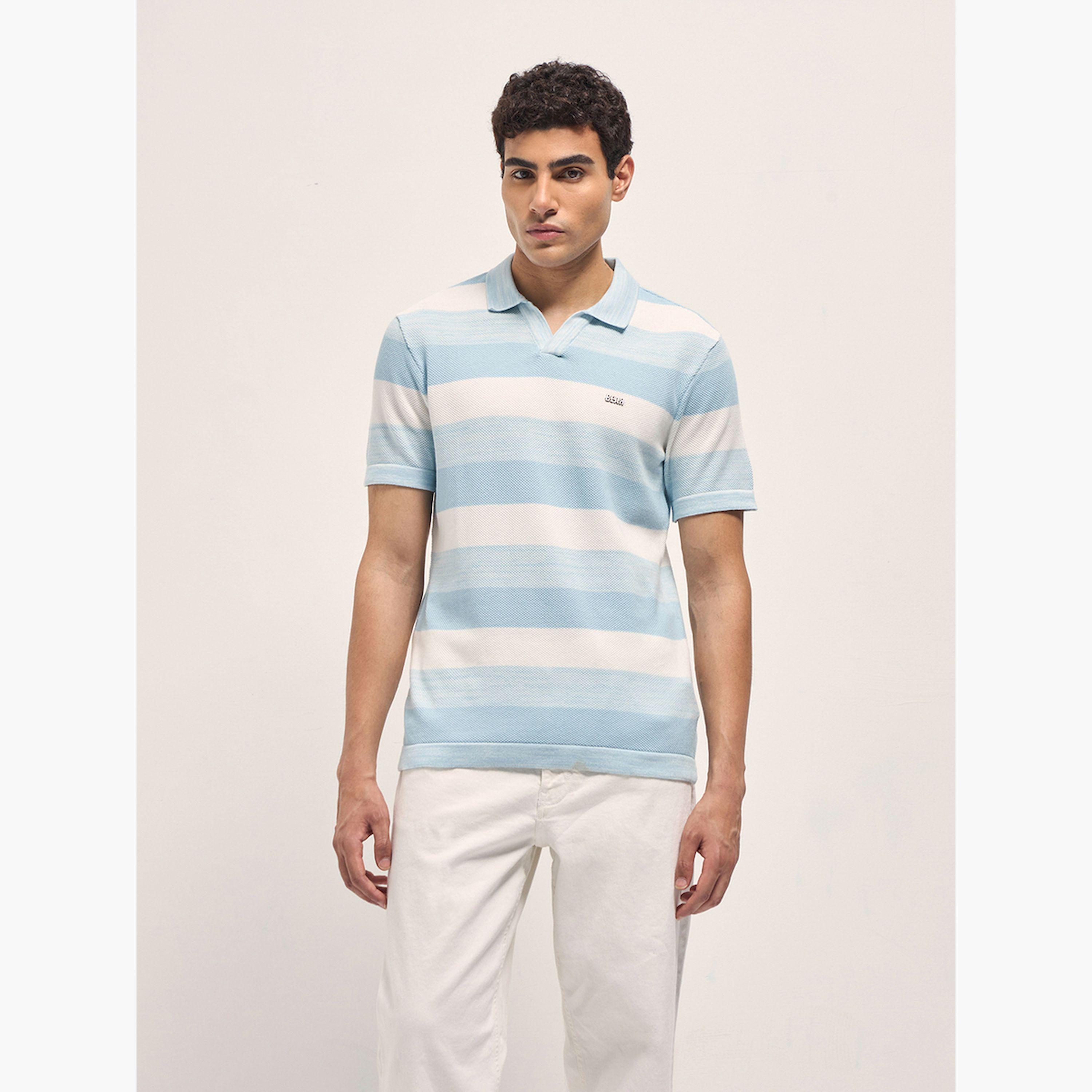 قميص بولو رجالي قطن خالص محبوك مخطط وقصة ضيقة-men-clothing-tshirtsandpolos-polos-image-1