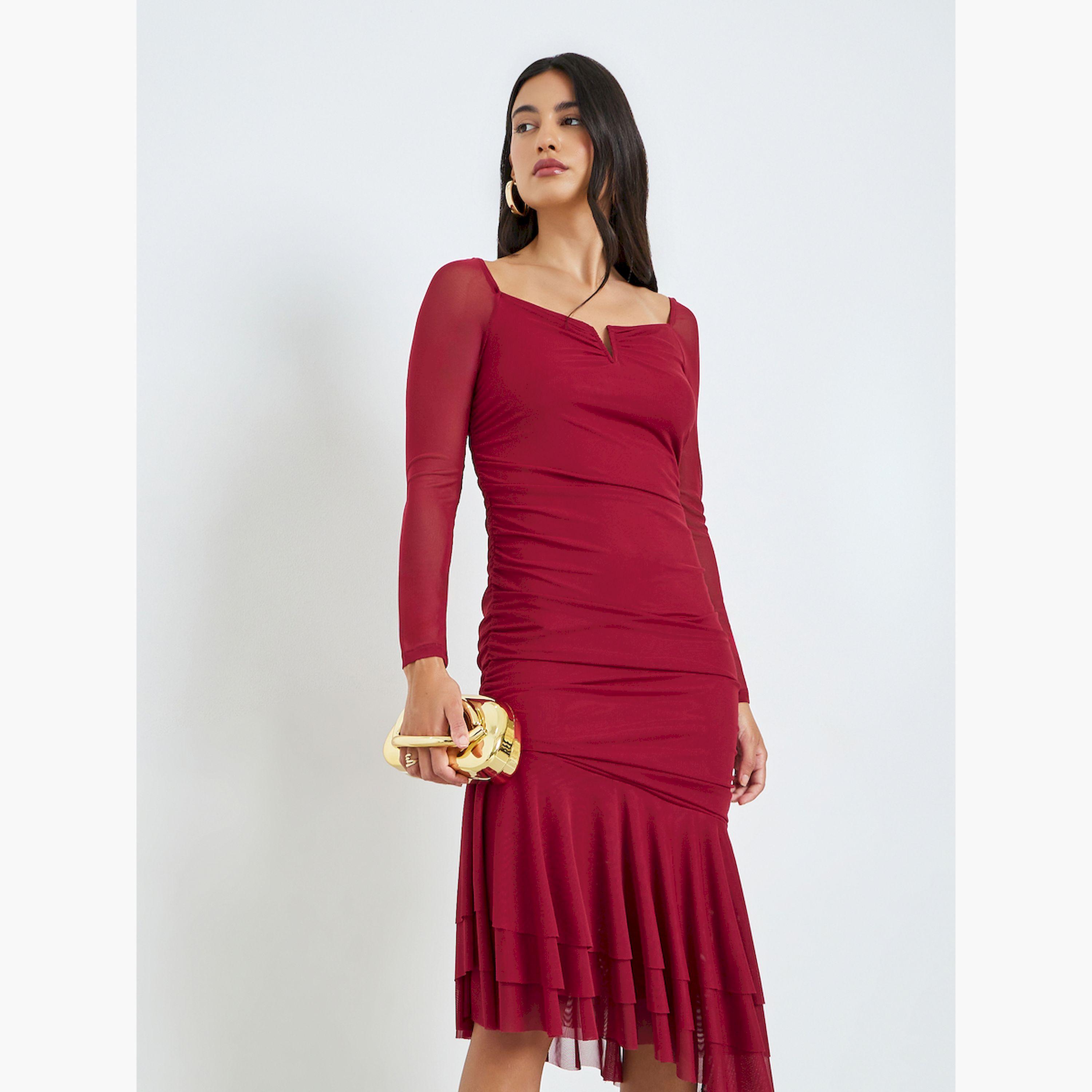 Styli Red Long Sleeves Layered Hem Midi Dress-women-clothing-dresses-image-2
