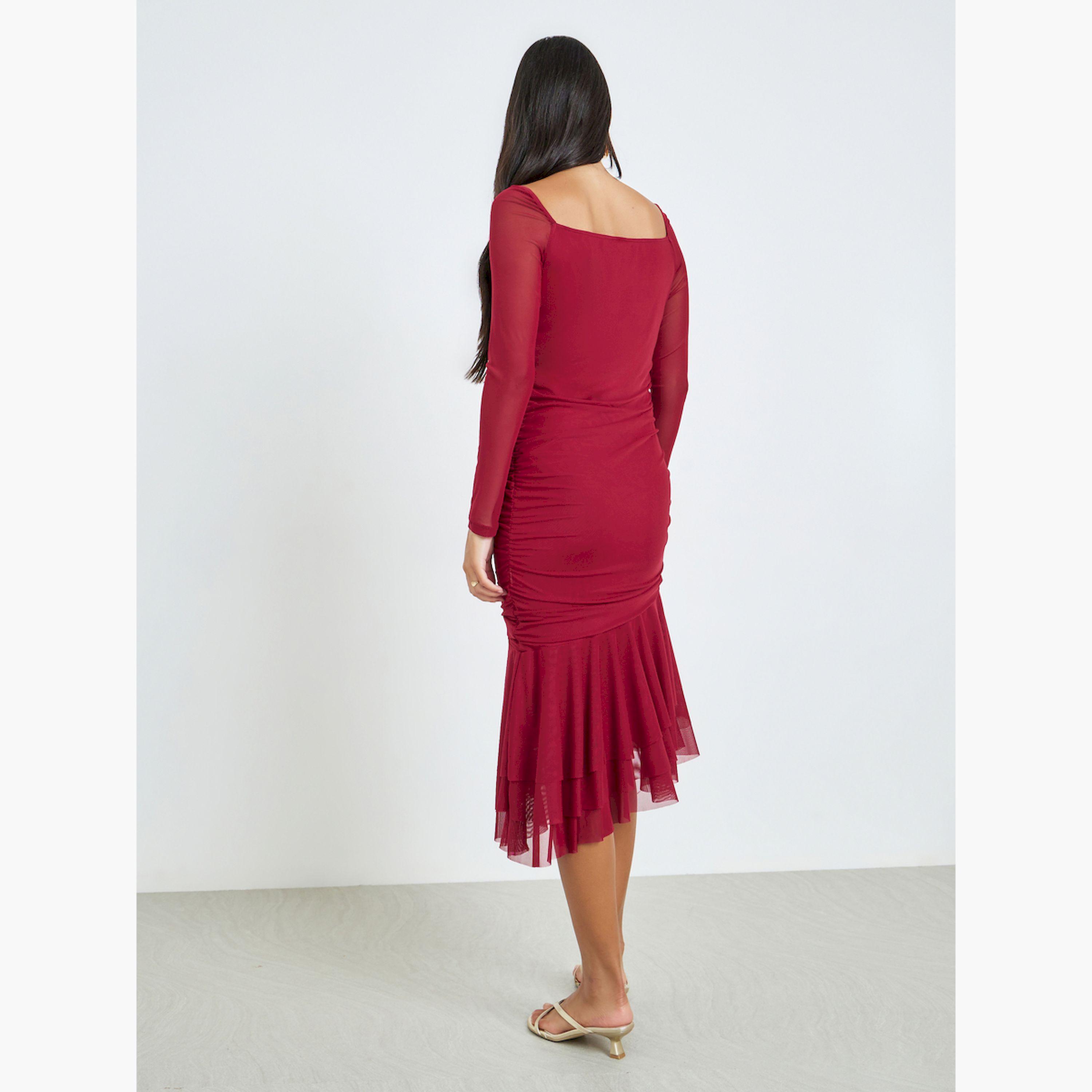 Styli Red Long Sleeves Layered Hem Midi Dress-women-clothing-dresses-image-5