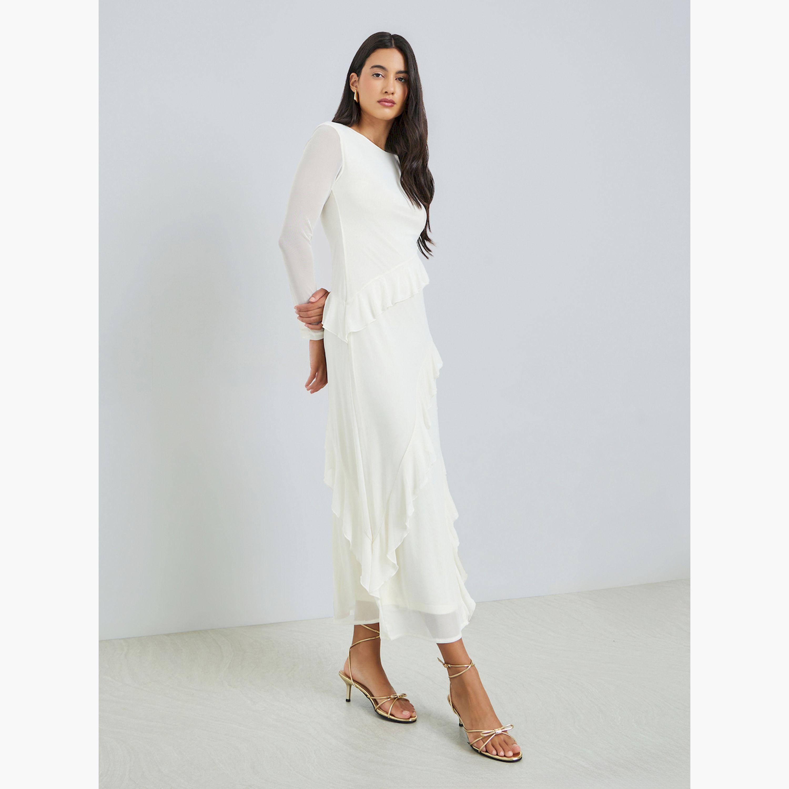 فستان ماكسي ضيق بكشكش وأكمام شفافة-women-clothing-dresses-image-1