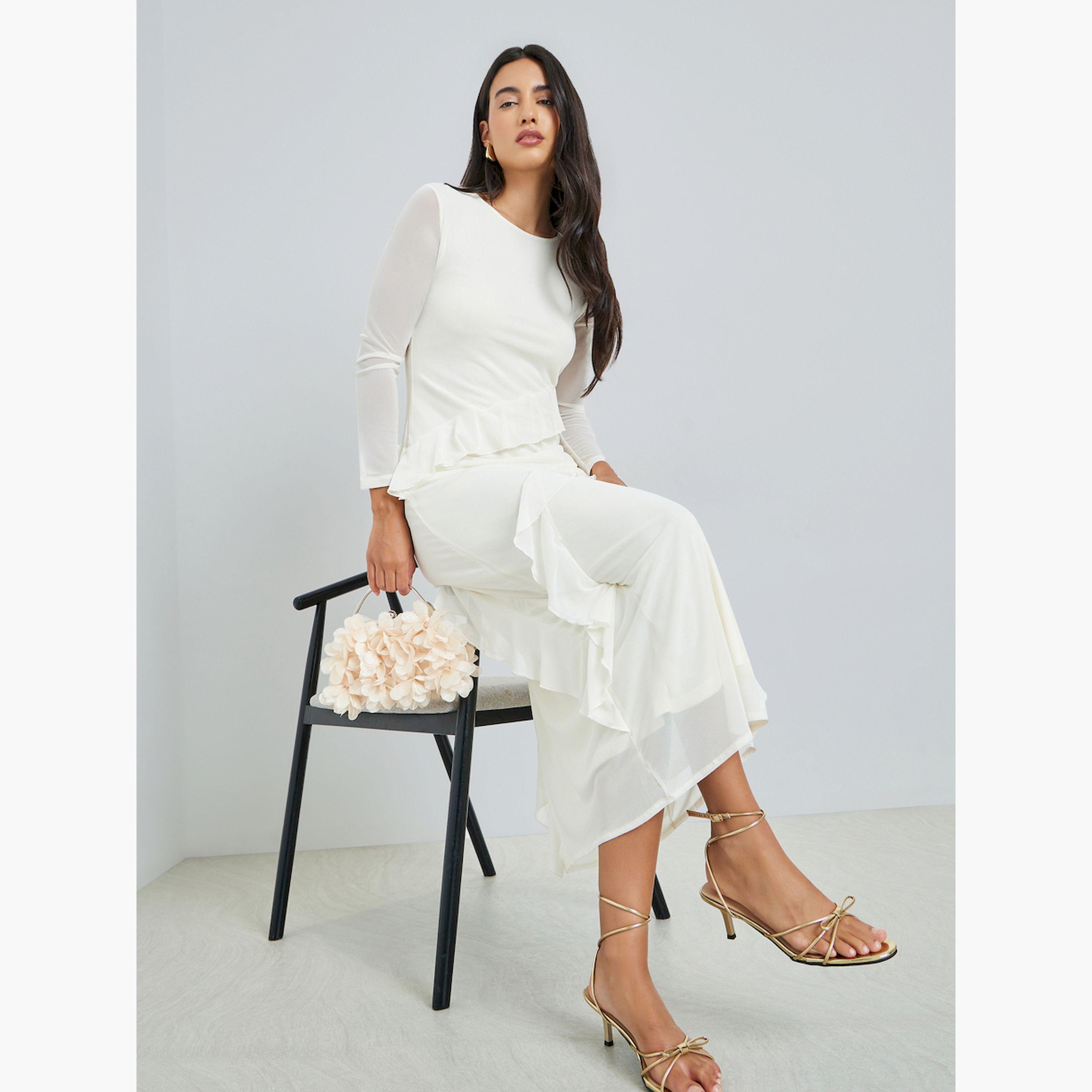 Styli Cream Sheer Sleeves Ruffled Sheath Maxi Dress-women-clothing-dresses-image-3