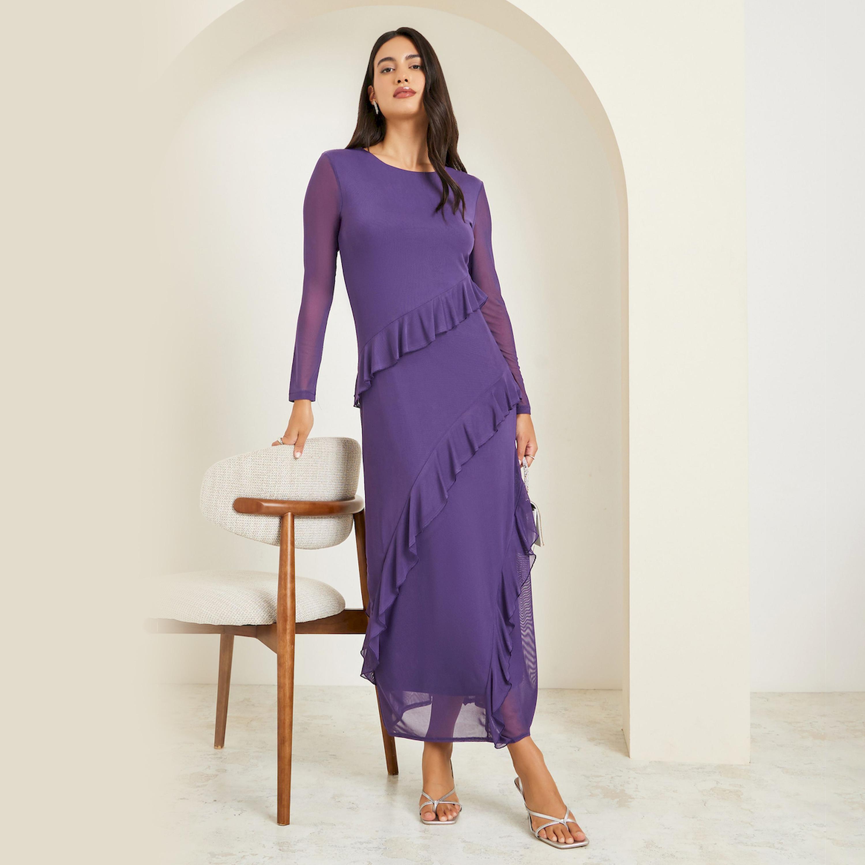 Styli Purple Ruffle Detail Sheath Maxi Dress-women-clothing-dresses-image-1