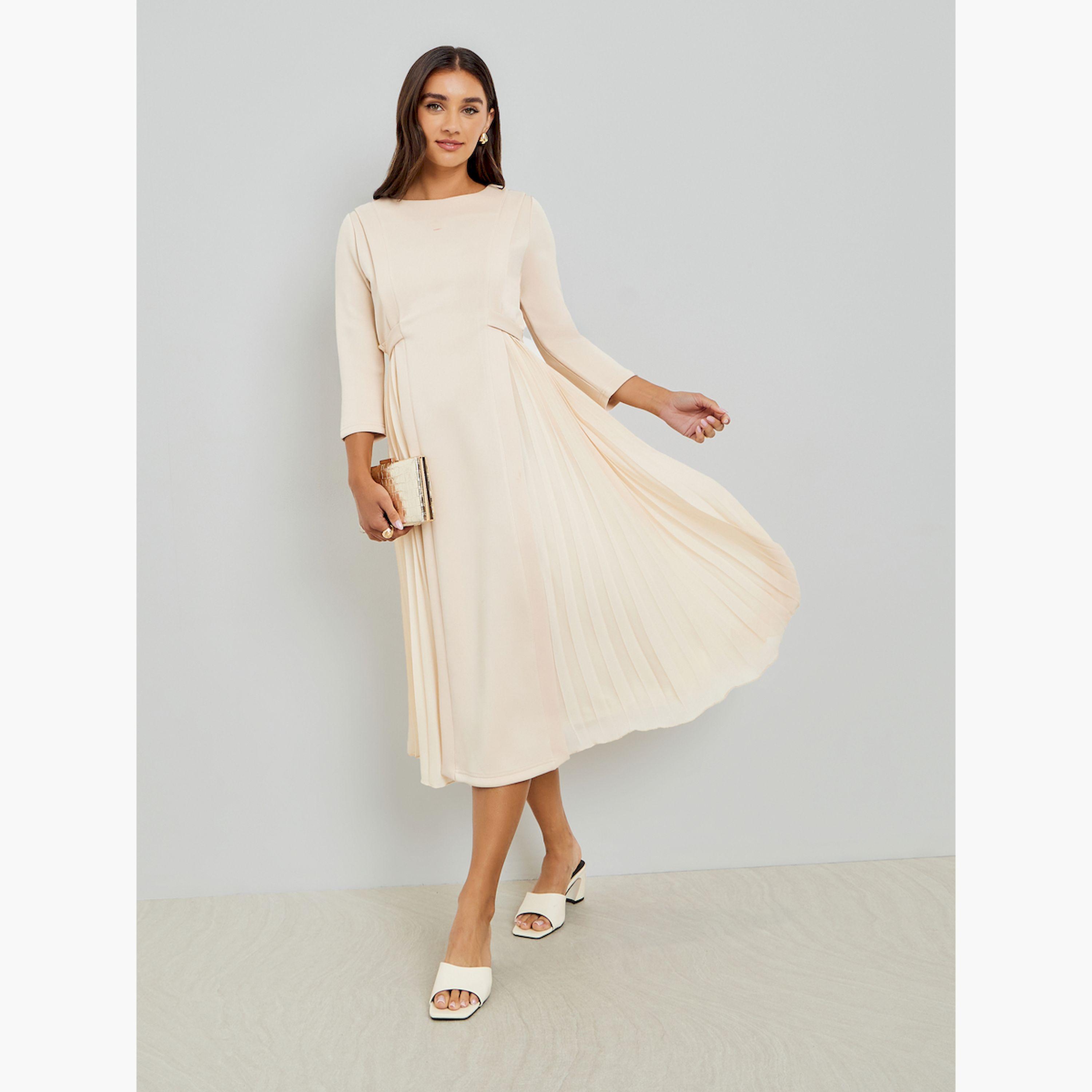فستان ميدي بكسرات وأكمام 3/4-women-clothing-dresses-image-1
