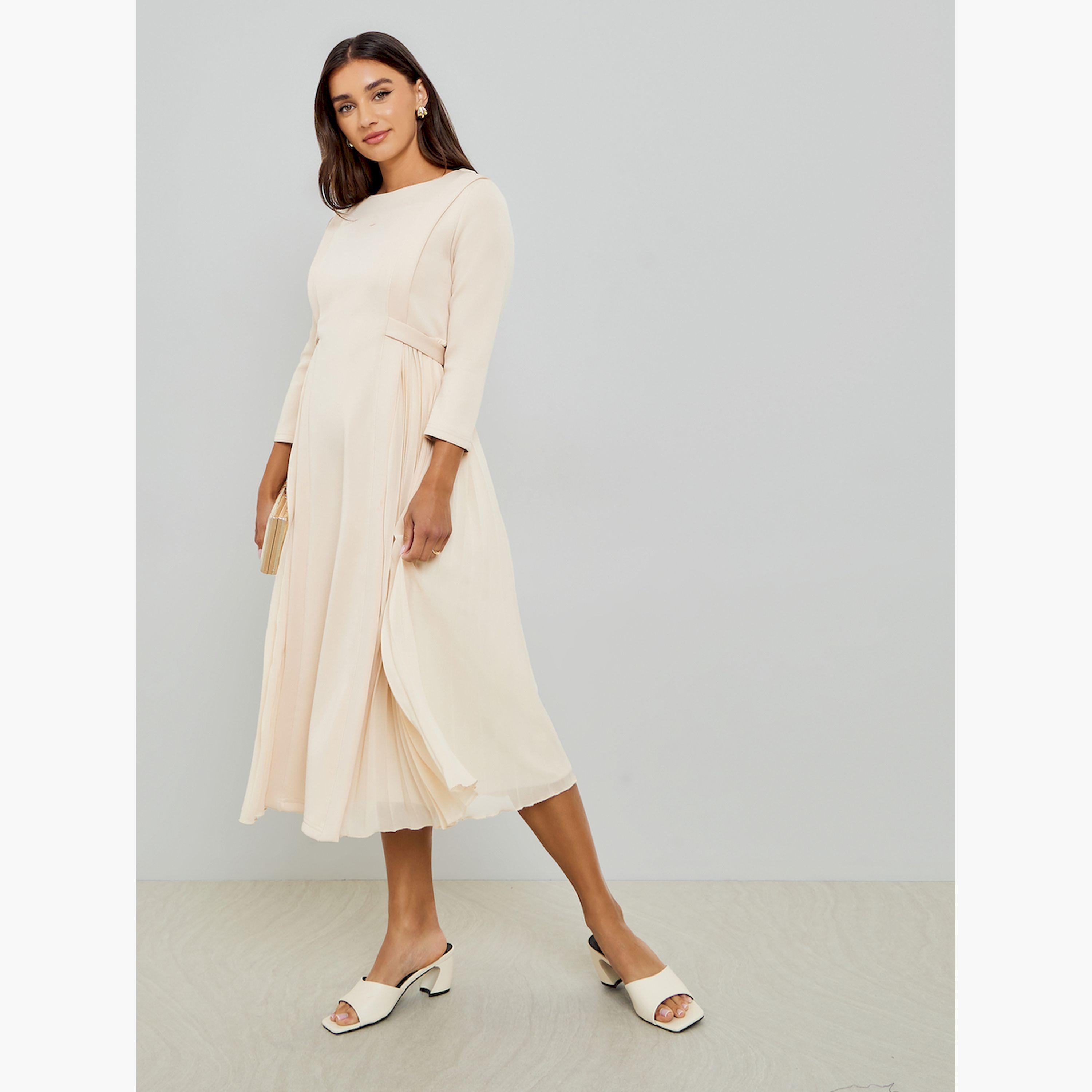 فستان ميدي بكسرات وأكمام 3/4-women-clothing-dresses-image-2