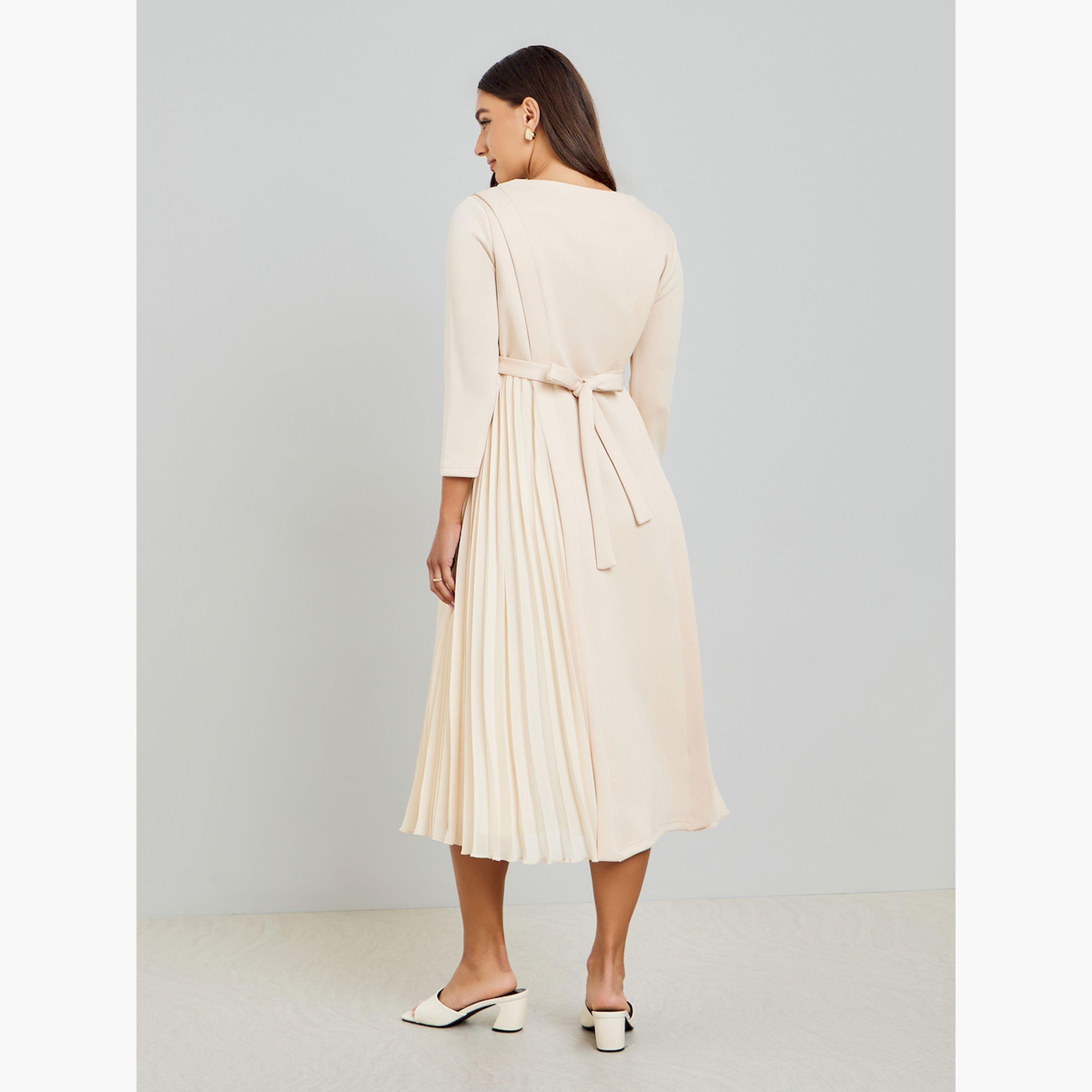 فستان ميدي بكسرات وأكمام 3/4-women-clothing-dresses-image-5
